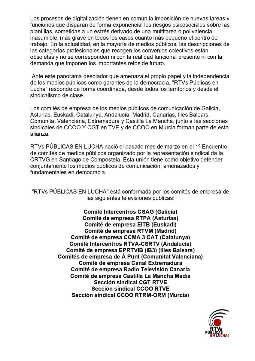Pedro Lázaro Gómara (@plazaro67) on Twitter photo La plataforma <a href="/rtvpublicalucha/">rtvpublicasenlucha</a>, que engloba a todos los comités de empresa de los canales autonómicos del país, ha pedido hoy unos medios públicos plurales e independientes, libres de injerencias políticas
#periodismo #tv #derechoalainformacion
#RTVsPublicasEnLucha La plataforma <a href="/rtvpublicalucha/">rtvpublicasenlucha</a>, que engloba a todos los comités de empresa de los canales autonómicos del país, ha pedido hoy unos medios públicos plurales e independientes, libres de injerencias políticas
#periodismo #tv #derechoalainformacion
#RTVsPublicasEnLucha