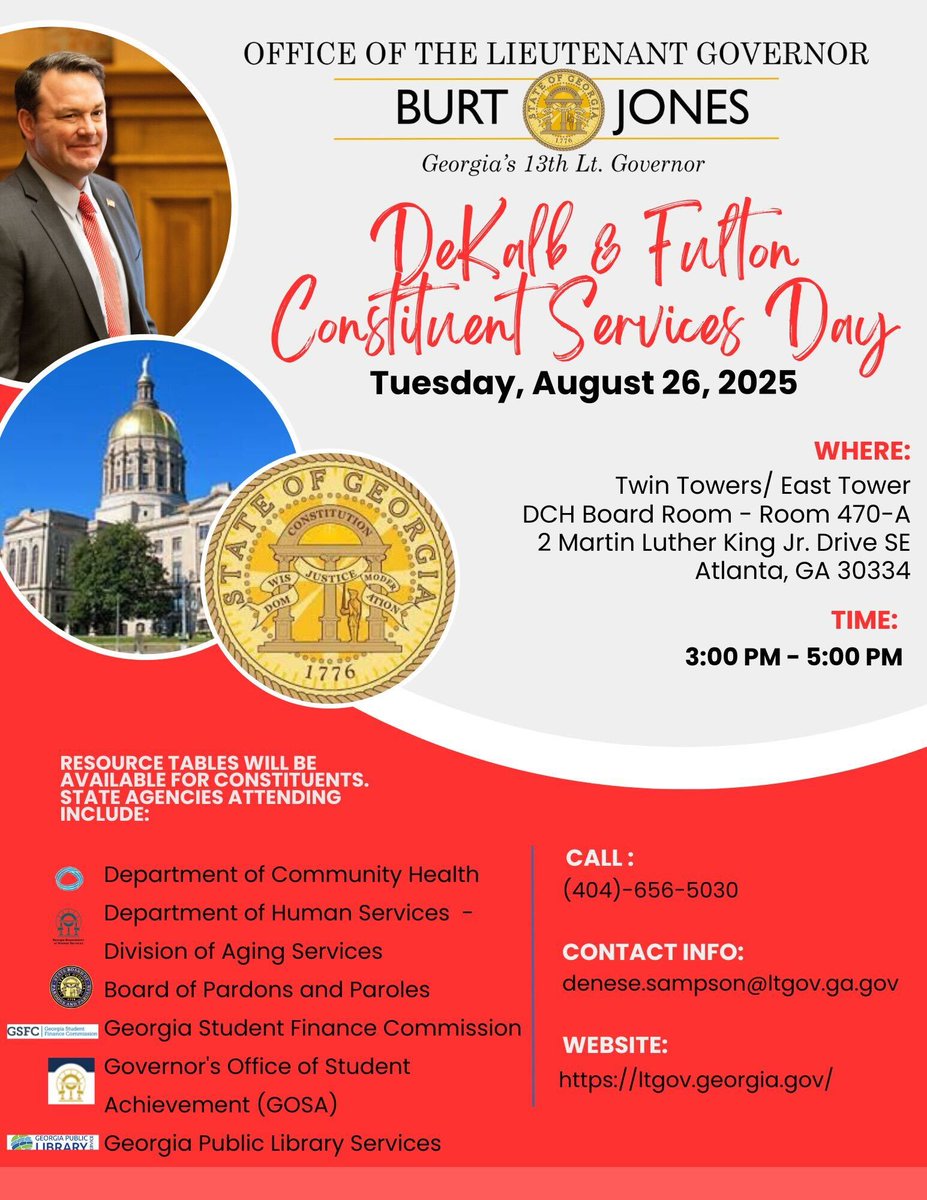 LtGovJonesGA's tweet image. Don't miss Constituent Services Day for DeKalb and Fulton Counties on Tuesday, August 26th! Meet with members from my staff, and agents from multiple state agencies, as we all come together to help you with any questions or concerns.
For more information, please visit:…