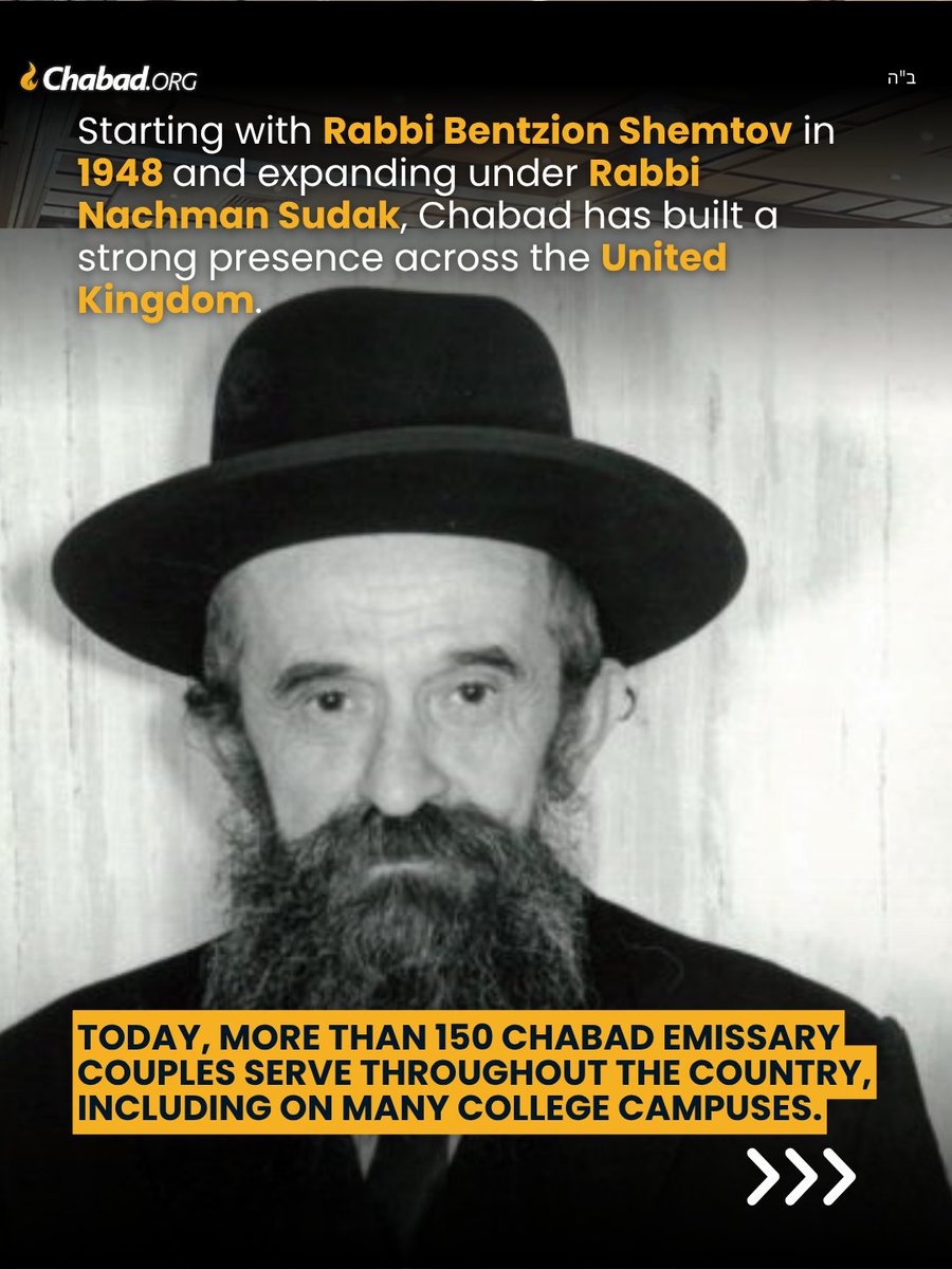 Starting with Rabbi Bentzion Shemtov in 1948 and expanding under Rabbi Nachman Sudak, Chabad has built a strong presence across the United Kingdom.

TODAY, MORE THAN 150 CHABAD EMISSARY COUPLES SERVE THROUGHOUT THE COUNTRY, INCLUDING ON MANY COLLEGE CAMPUSES.