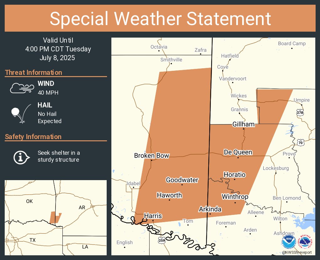 A special weather statement has been issued for De Queen AR, Broken Bow OK and  Horatio AR until 4:00 PM CDT