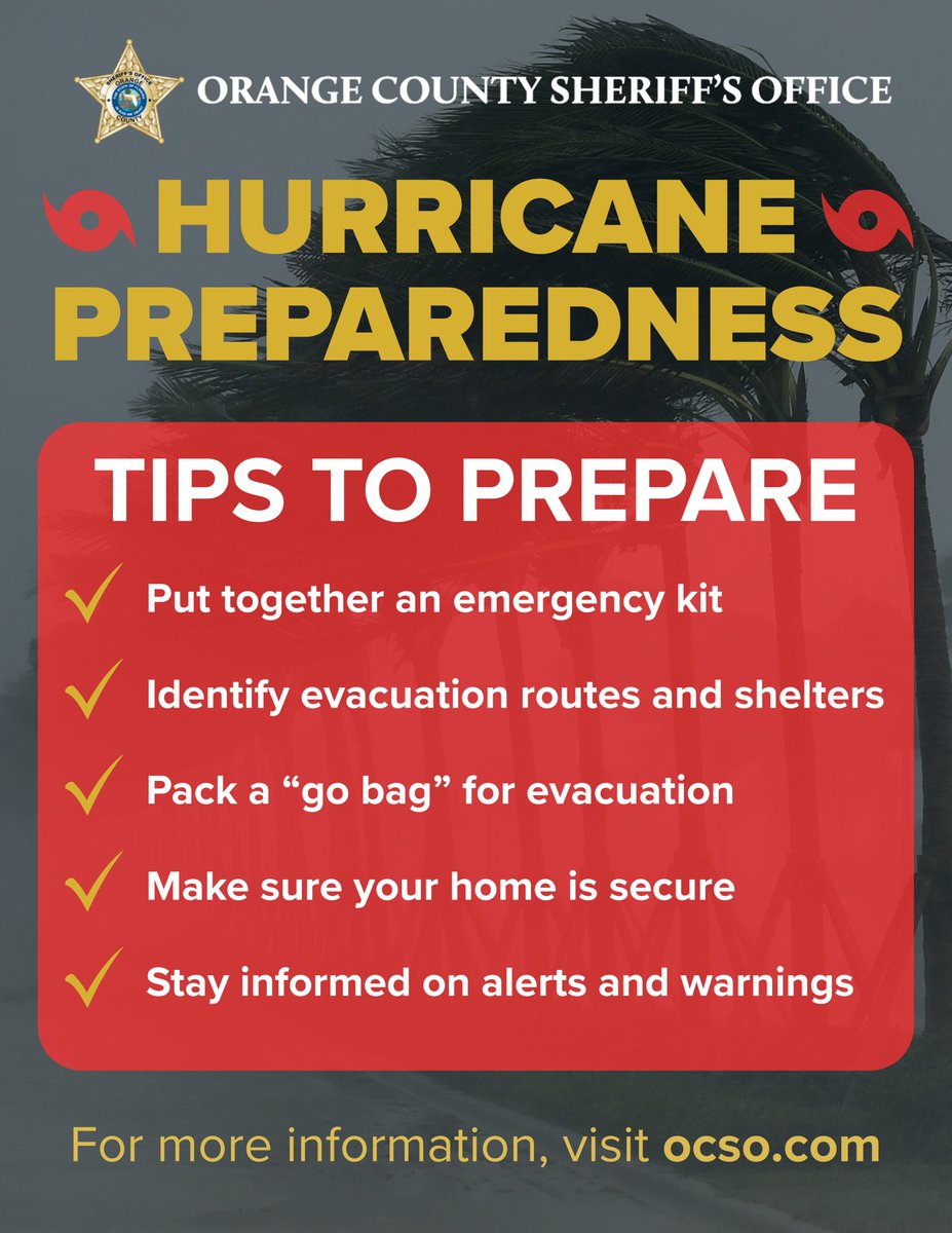 OrangeCoSheriff's tweet image. 🌀 Hurricane season is here: Are you prepared?
Storms are hitting faster and harder each year, don’t wait until it’s too late.
Here's how you can prepare now.
For more info on hurricane preparedness, visit: ocso.com/en-us/disaster
#HurricanePrep #HurricaneSeason #StartNow