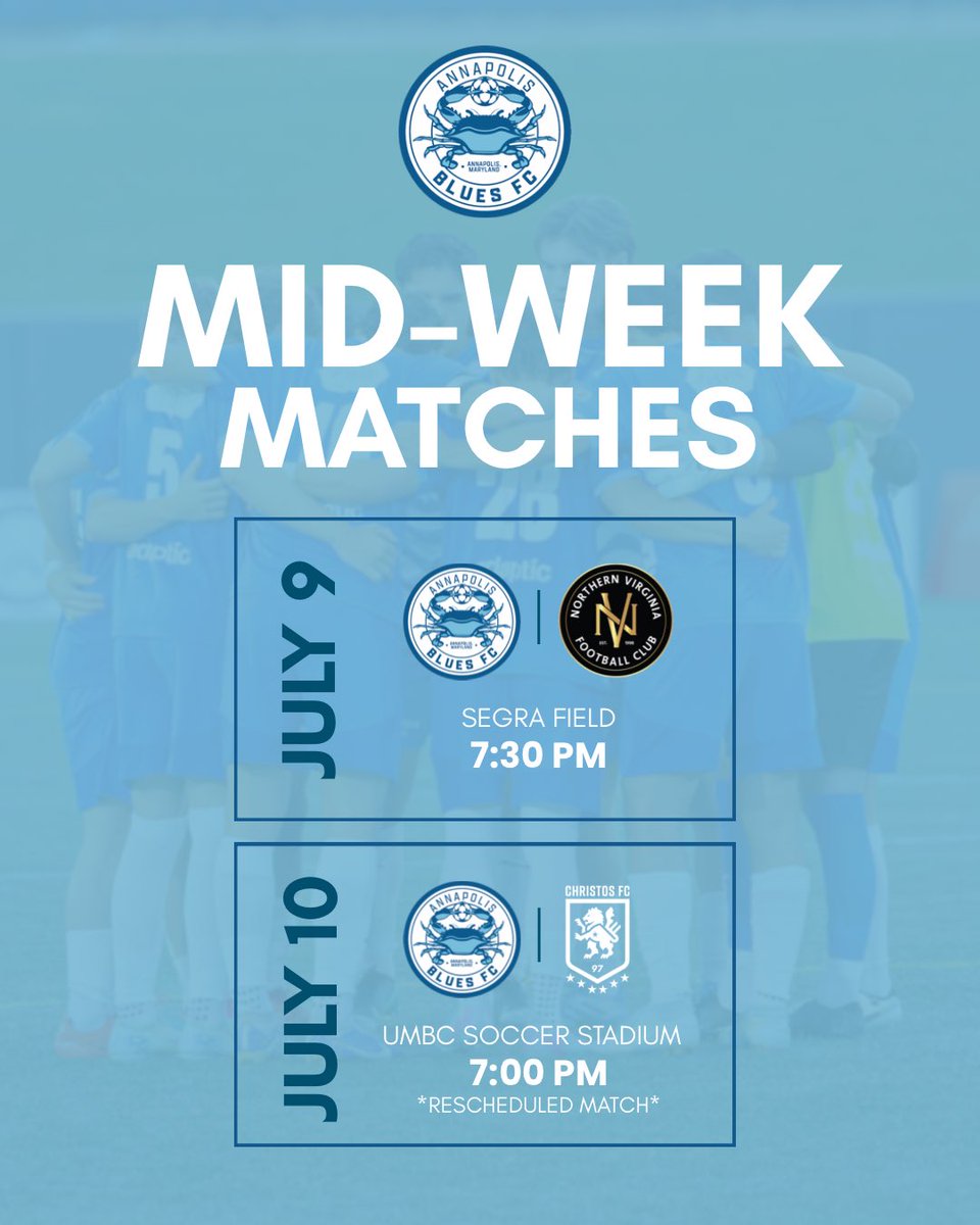 Important mid-week slate 🫡

July 9 vs NOVA FC at Segra Field at 7:30 pm
*July 10 vs Christos at UMBC Soccer Stadium at 7:00

*Christos match will start at the time and score of delay, in the 36 minute 1-2 Christos