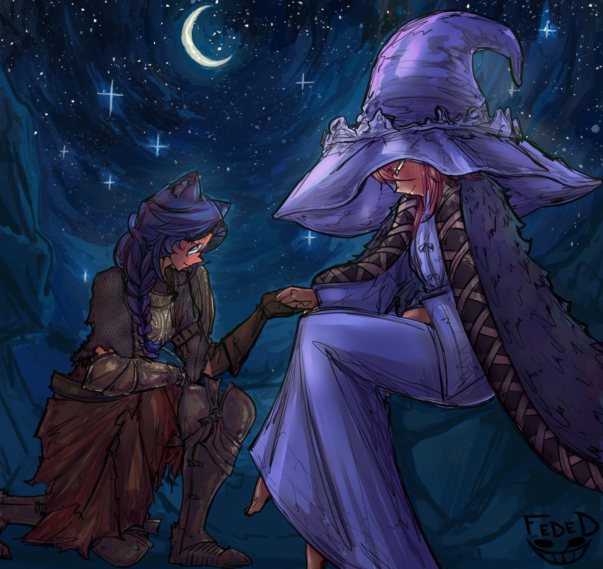 My lovely witch <a href="/AtobeOverlord/">Purrincess Atobe ⭐️</a> and I as we conquer the stars 🌙💙🐯An idea I've had in my head for a while and with the release of Nightreign it seemed like the best time to commission it. This was done by the amazing <a href="/federicodonqui/">Federico Donquixote</a>