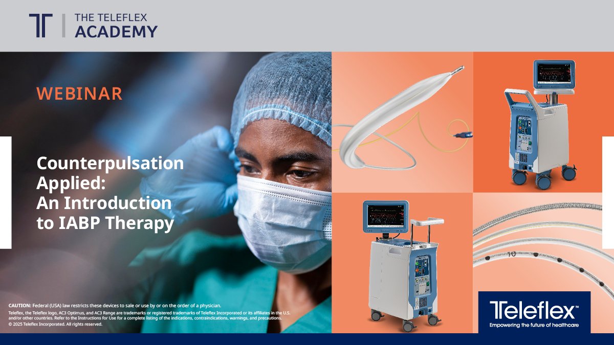 TeleflexCardiol's tweet image. Join us LIVE tomorrow, July 10, for Counterpulsation Applied: An Introduction to IABP Therapy - the AC3 Optimus™ Intra-Aortic Balloon Pump! 

Save your seat: spklr.io/6016BDdwm

#TeleflexInterventional #IABPbyTeleflex #AC3Optimus #AC3Range #TeleflexAcademy