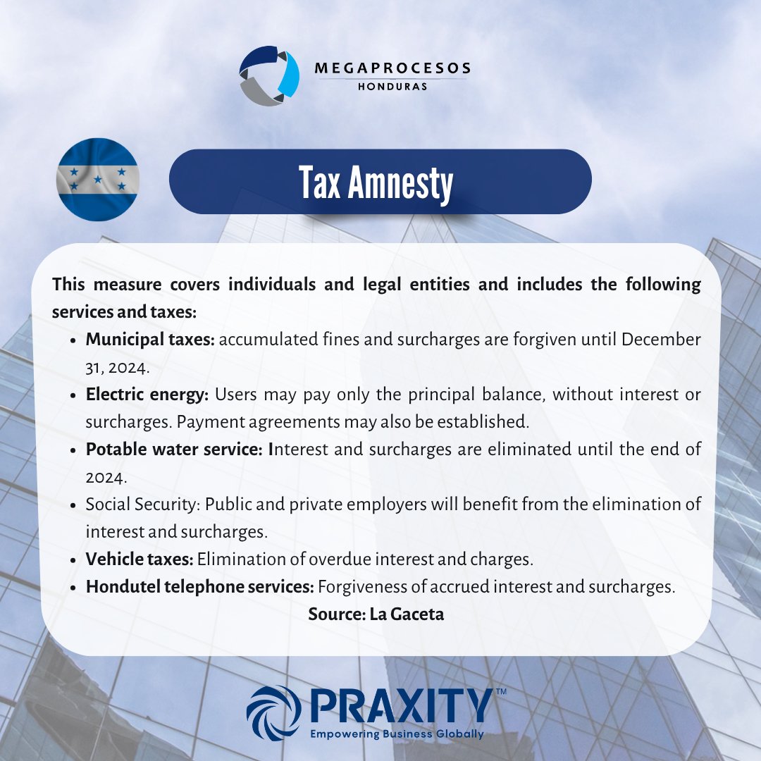 Megaprocesos's tweet photo. 📢 Tax Amnesty 2025! 🇭🇳💼

Decree No. 44-2025, it is in effect until September 30, 2025 and seeks to boost the regularization of payments. ✅

📩 Contact us today.
info@megaprocesos.com.hn

#Megaprocesos #Amnesty2025 #FiscalCompliance #Praxity https://t.co/Ma3Yd5YSHM