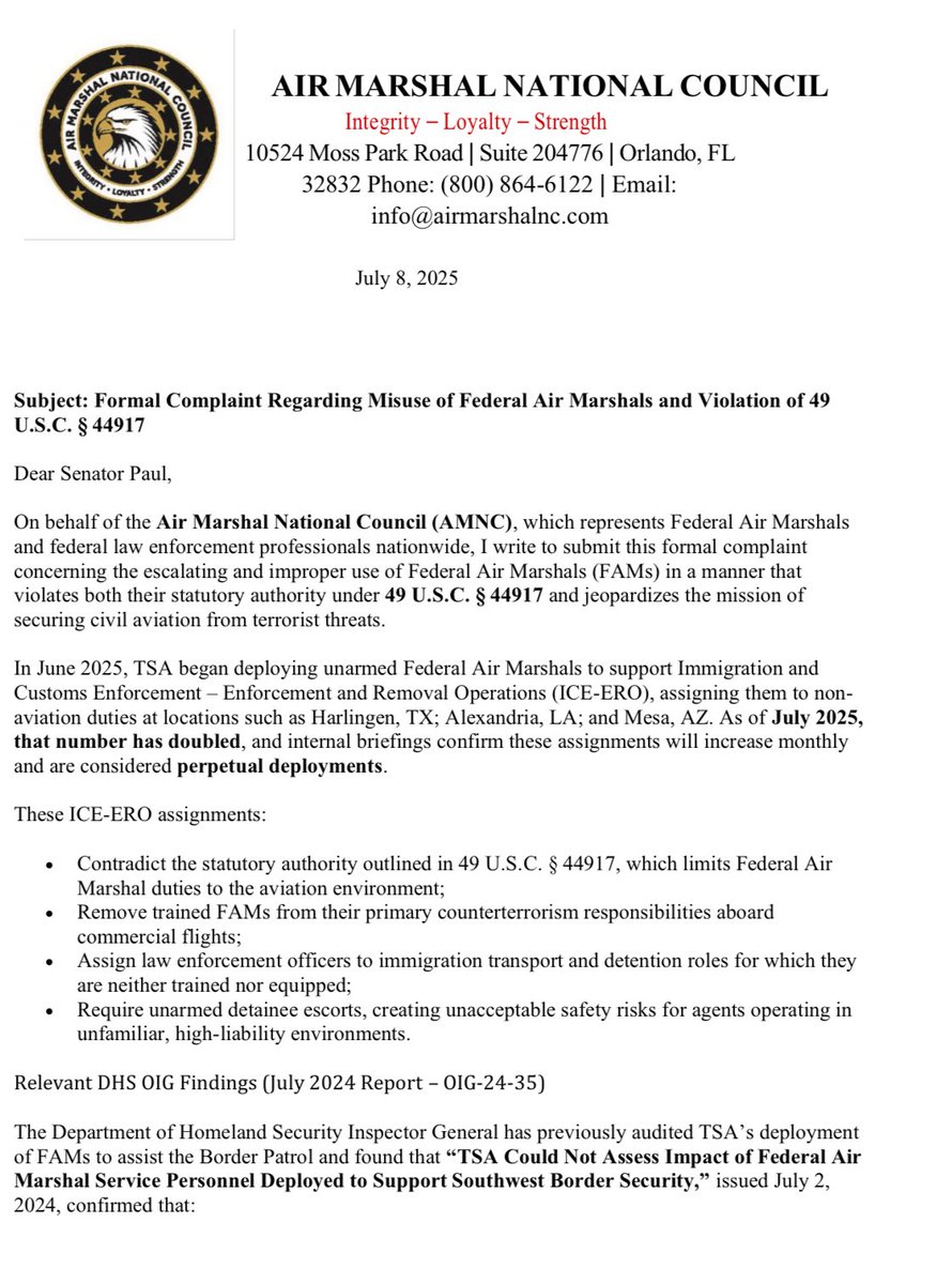 FAMS_AMNC's tweet image. BREAKING 💥💥
AMNC FILES A COMPLAINT WITH CONGRESS OVER THE IMPROPER USE OF AIR MARSHALS! Sen. Paul please put a stop to TSA taking FAMs off high risk flights to act as prison guards!! @LaboscoSonya @SenRandPaul @RandPaul @KristiNoem @Sec_Noem @TPASarah @RogerJStoneJr…