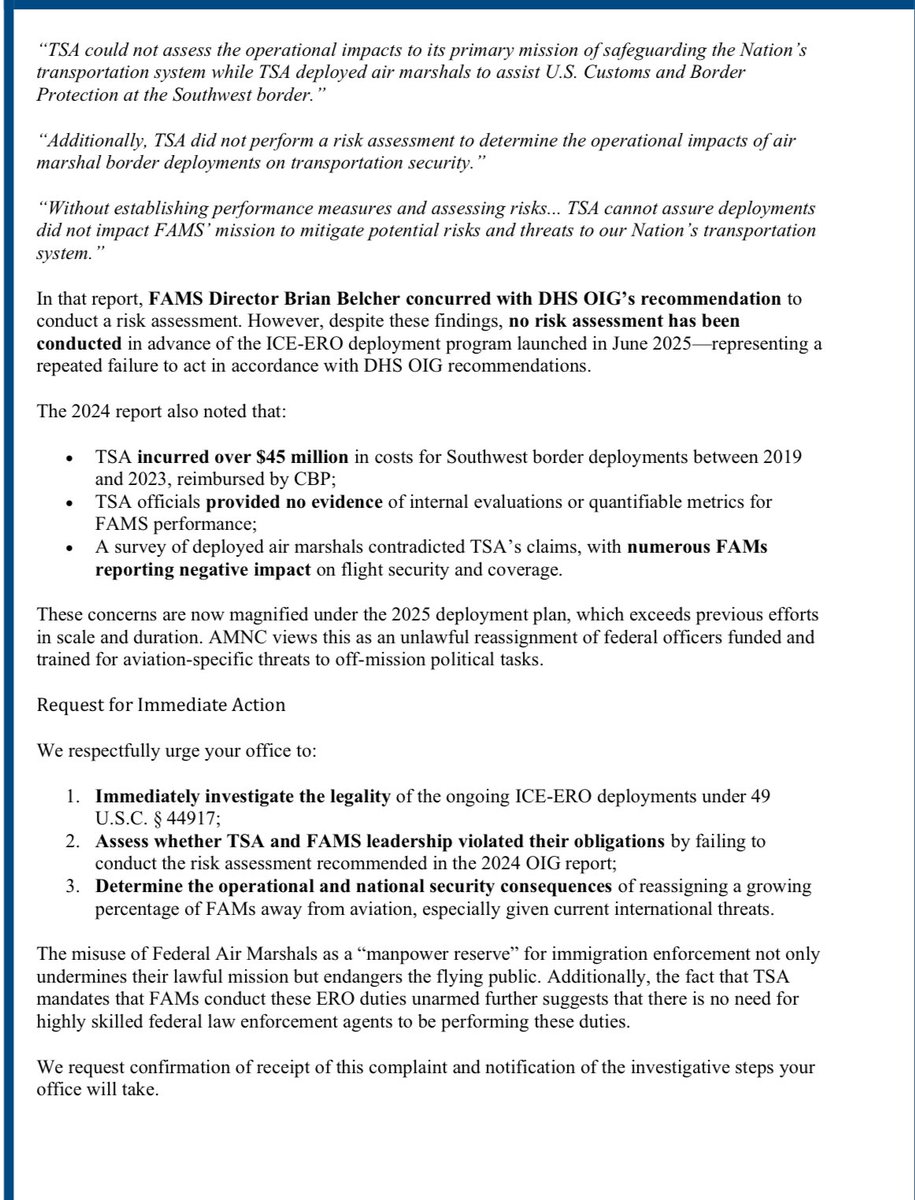 FAMS_AMNC's tweet image. BREAKING 💥💥
AMNC FILES A COMPLAINT WITH CONGRESS OVER THE IMPROPER USE OF AIR MARSHALS! Sen. Paul please put a stop to TSA taking FAMs off high risk flights to act as prison guards!! @LaboscoSonya @SenRandPaul @RandPaul @KristiNoem @Sec_Noem @TPASarah @RogerJStoneJr…
