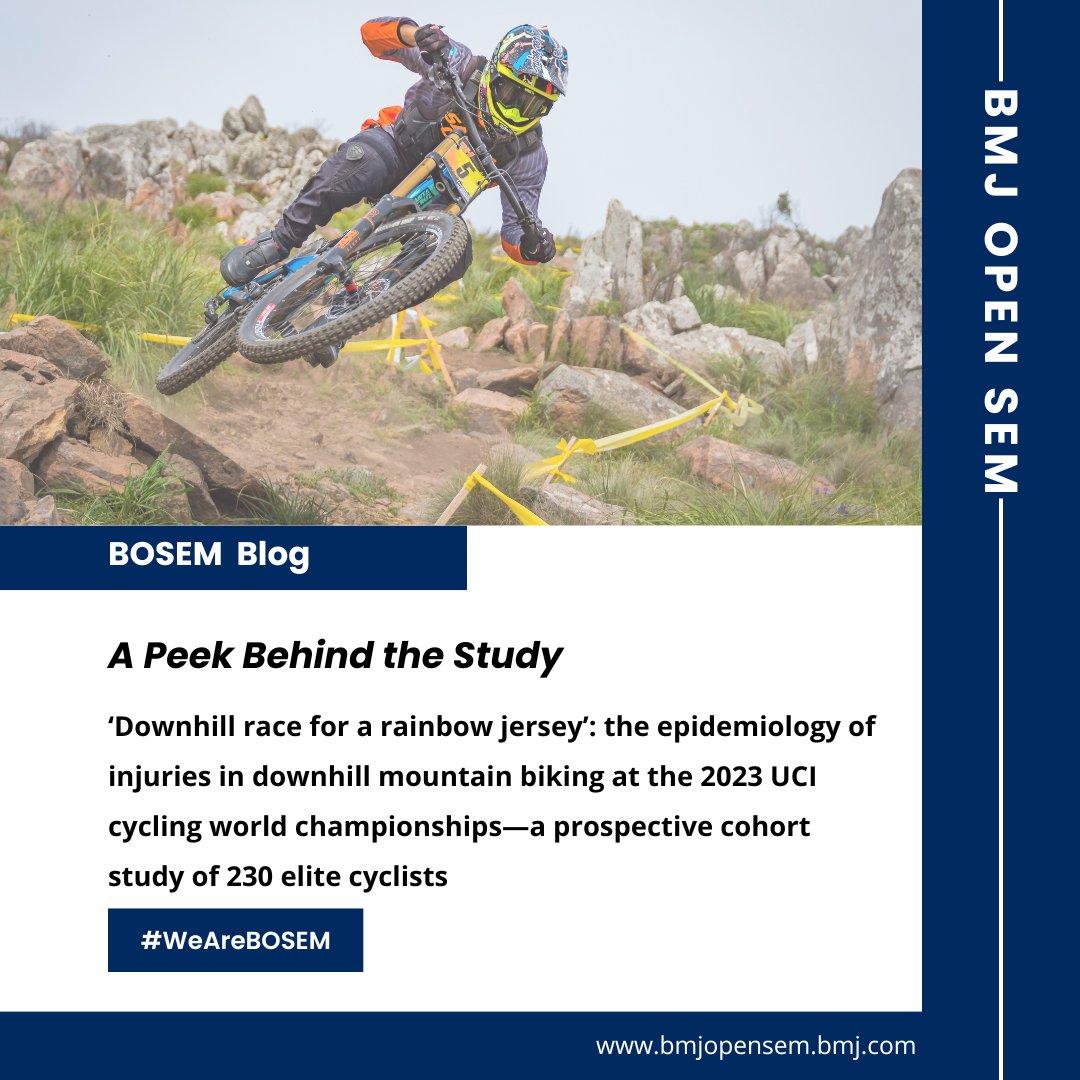 BMJ Open Sport & Exercise Medicine (@bmjopensem) on Twitter photo 🚴♀️ A New Look at Downhill Mountain Biking Injuries! 🚴♂️
In our #PeekBehindStudy series: 
Thomas Fallon nd his team’s study on injury epidemiology at the 2023 UCI Cycling World Championships! 🏆
Key takeaways:
🔹 Injury rates are higher in training than in racing for downhill 🚴♀️ A New Look at Downhill Mountain Biking Injuries! 🚴♂️
In our #PeekBehindStudy series: 
Thomas Fallon nd his team’s study on injury epidemiology at the 2023 UCI Cycling World Championships! 🏆
Key takeaways:
🔹 Injury rates are higher in training than in racing for downhill