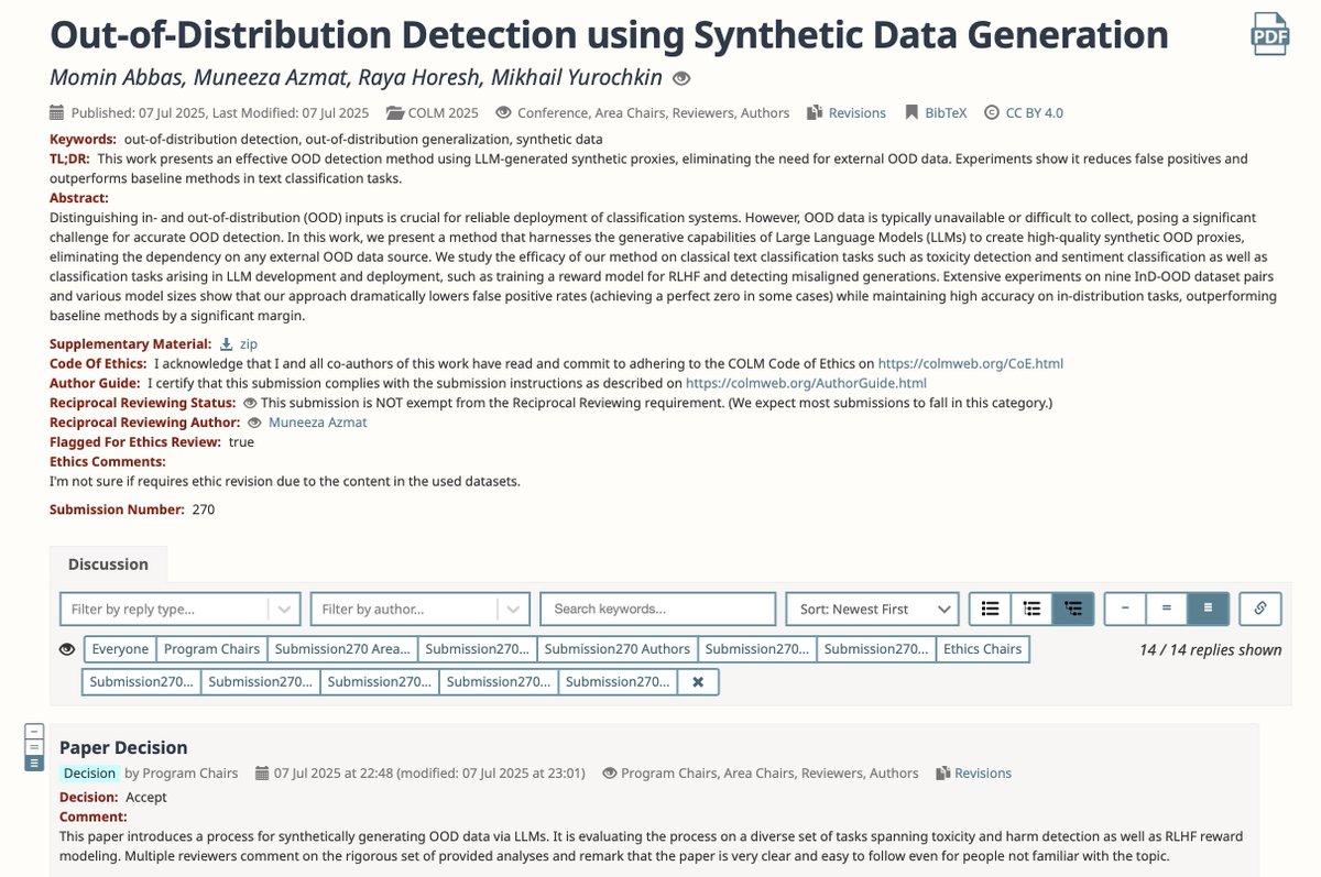 Momin Abbas (@mominabbas2) on Twitter photo Very happy to share that our work "Out-of-Distribution Detection using Synthetic Data Generation" has been accepted at COLM 2025! 🎉
Grateful to have worked with an incredible team <a href="/MuneezaAzmat/">Muneeza Azmat</a>, <a href="/RayaHoresh/">Rå¥å</a>, <a href="/Yurochkin_M/">Mikhail Yurochkin</a> 👏
<a href="/COLM_conf/">Conference on Language Modeling</a> #COLM2025 Very happy to share that our work "Out-of-Distribution Detection using Synthetic Data Generation" has been accepted at COLM 2025! 🎉
Grateful to have worked with an incredible team <a href="/MuneezaAzmat/">Muneeza Azmat</a>, <a href="/RayaHoresh/">Rå¥å</a>, <a href="/Yurochkin_M/">Mikhail Yurochkin</a> 👏
<a href="/COLM_conf/">Conference on Language Modeling</a> #COLM2025