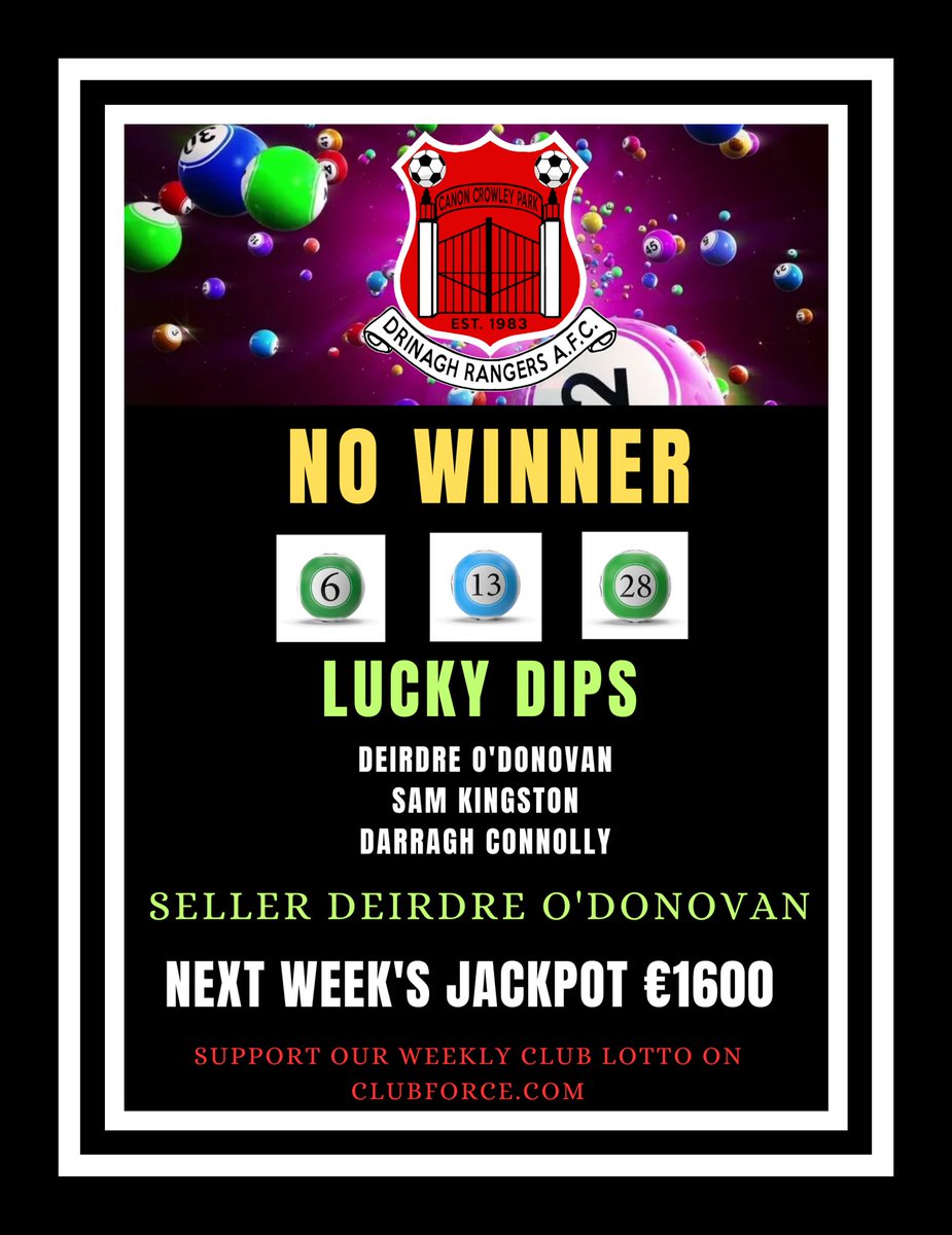 No winner of our weekend Club Lotto. 

Jackpot €1600 next week. Get your tickets on  play.clubforce.com/play_newa.asp?… The Gaelic Bar, Sam's Shop &amp; D-Oil Dunmanway.