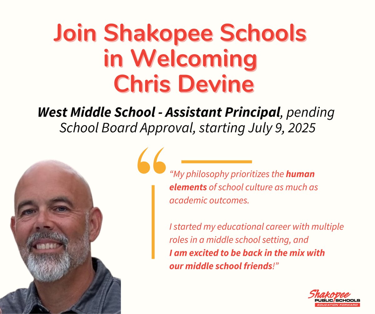 #ShakopeeSchools is pleased to announce the selection of Chris Devine as its new Assistant Principal of West Middle School, pending School Board approval, starting July 9th. #educationalleadership 
📲Read the full release: bit.ly/4eYkRix