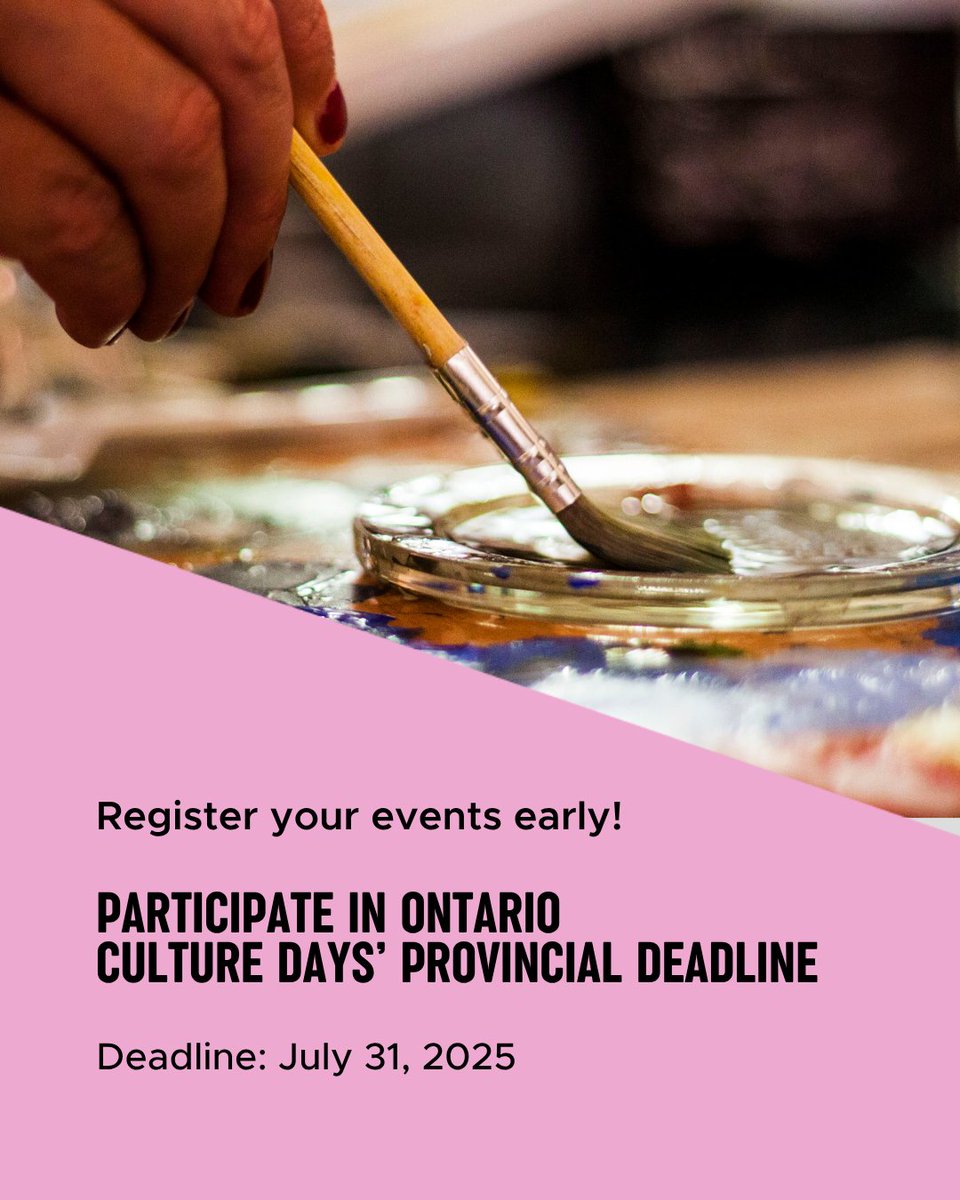 Calling all Ontario artists and event organizers! Register your programs by Ontario Culture Days ’ provincial marketing deadline of July 31, 2025 to receive promotional event features. Learn more about how to participate in Ontario Culture Days at onculturedays.ca/resources/