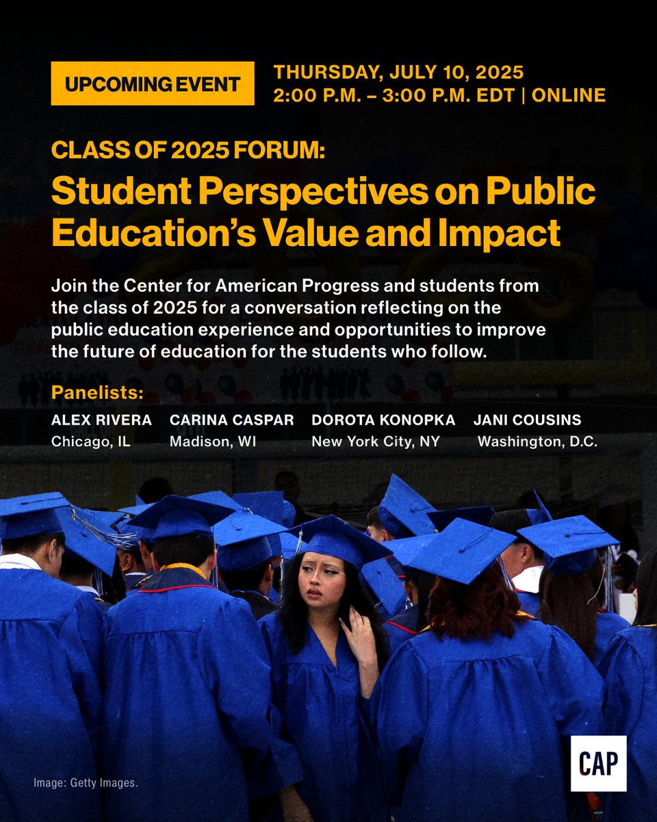 EdProgress's tweet image. Today’s the day! Join us for a conversation with the Class of 2025 at 2:00 pm ET to hear from students on the policies most needed to strengthen public education for all.
RSVP now to get the link: americanprogress.org/events/class-o…