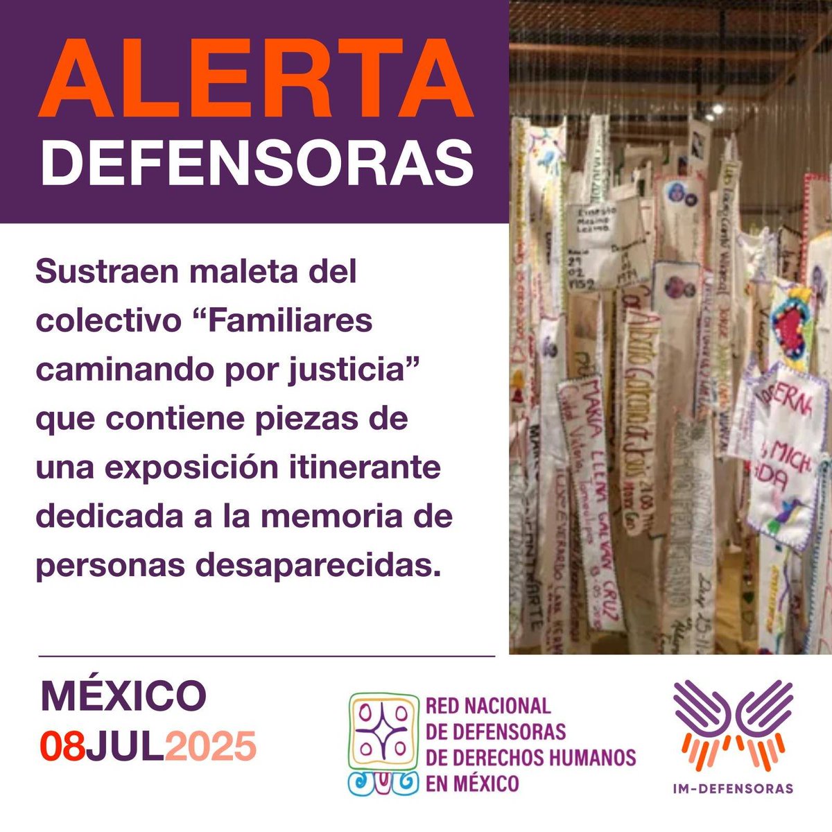 📣⚠️🚨#AlertaDefensoras MÉXICO / Sustraen maleta del colectivo “Familiares caminando por justicia” que contiene piezas de una exposición itinerante dedicada a la memoria de personas desaparecidas. 
📌Más información➡️bit.ly/3GwPU8b