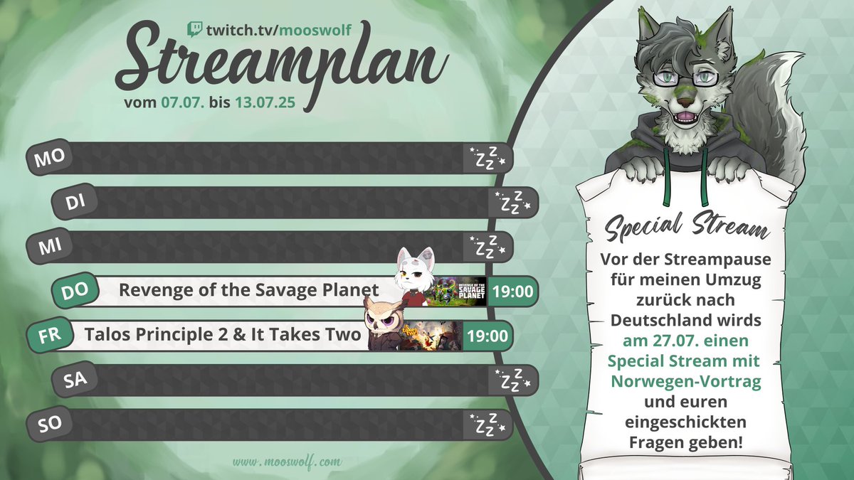 Mooswolf 🌿🐺︱GerVTuber︱→ DoKomi 2025 (@mooswolf) on Twitter photo Donnerstag gehts mit Gerald auf Planet 4, Aliens klat...analysieren :3
Freitag werden wir bisschen Talos Principle 2 weiterspielen und danach gehts ins Streaming Debut meines Mods Cos! 💚
Für den Vortrag am 27. könnt ihr gern Fragen zum Thema Norwegen stellen! 🇳🇴
#GerVTuber Donnerstag gehts mit Gerald auf Planet 4, Aliens klat...analysieren :3
Freitag werden wir bisschen Talos Principle 2 weiterspielen und danach gehts ins Streaming Debut meines Mods Cos! 💚
Für den Vortrag am 27. könnt ihr gern Fragen zum Thema Norwegen stellen! 🇳🇴
#GerVTuber