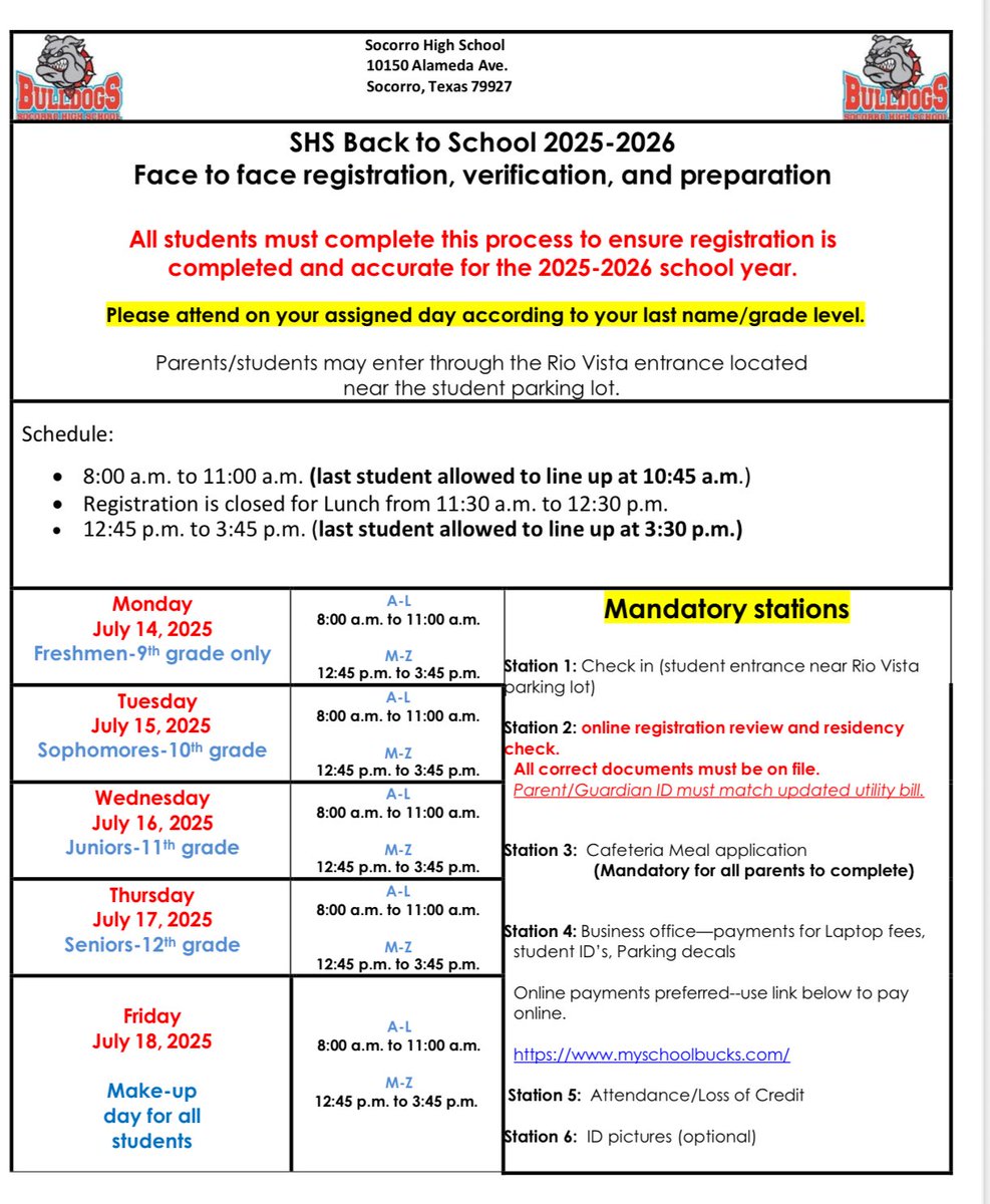 Attention BULLDOG Nation!!  SHS will have In Person Registration for ALL students.  Please see the flyer for our mandatory In Person Registration dates!  ALL students must complete this process.