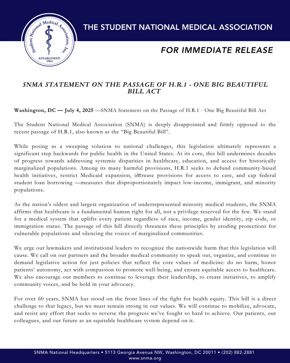 SNMA's tweet image. The SNMA firmly opposes H.R.1, which threatens decades of progress toward health equity. Healthcare is a human right — not a privilege. We stand strong in our fight to protect access, uplift communities, and resist harmful policies.
#SNMA #HealthEquity #Advocacy