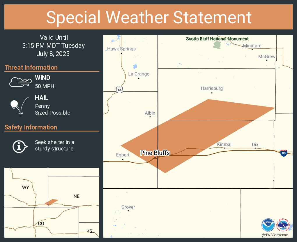 A special weather statement has been issued for Pine Bluffs WY and  Bushnell NE until 3:15 PM MDT