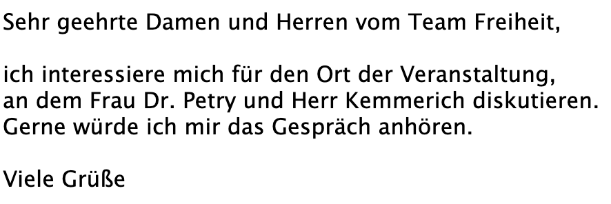 Frauke Petry (@fraukepetry) on Twitter photo Vor wenigen Tagen erklärte ich diesem jungen Herrn <a href="/FabiHillebrand/">Fabian Hillebrand</a> vom <a href="/derspiegel/">DER SPIEGEL</a>, dass ich seinem Arbeitgeber in diesem Leben kein Interview mehr geben werde.
Heute kam dies: Vor wenigen Tagen erklärte ich diesem jungen Herrn <a href="/FabiHillebrand/">Fabian Hillebrand</a> vom <a href="/derspiegel/">DER SPIEGEL</a>, dass ich seinem Arbeitgeber in diesem Leben kein Interview mehr geben werde.
Heute kam dies: