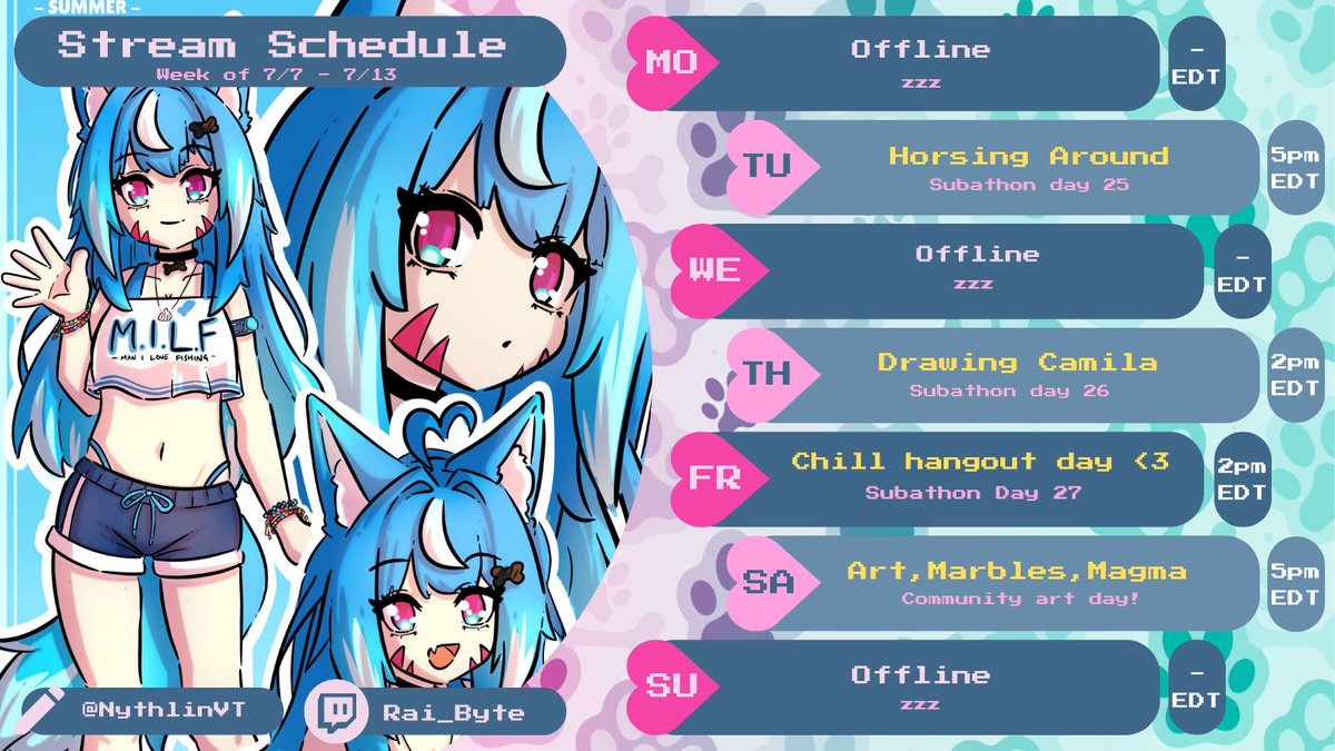 SCHEDULE THIS WEEK!!! SORRY ITS NOT A FULL WEEK, SOME STUFF CAME UP!!!

Lets get in some long streams together though this week, okay? 💜

🎨@/nythlinvt