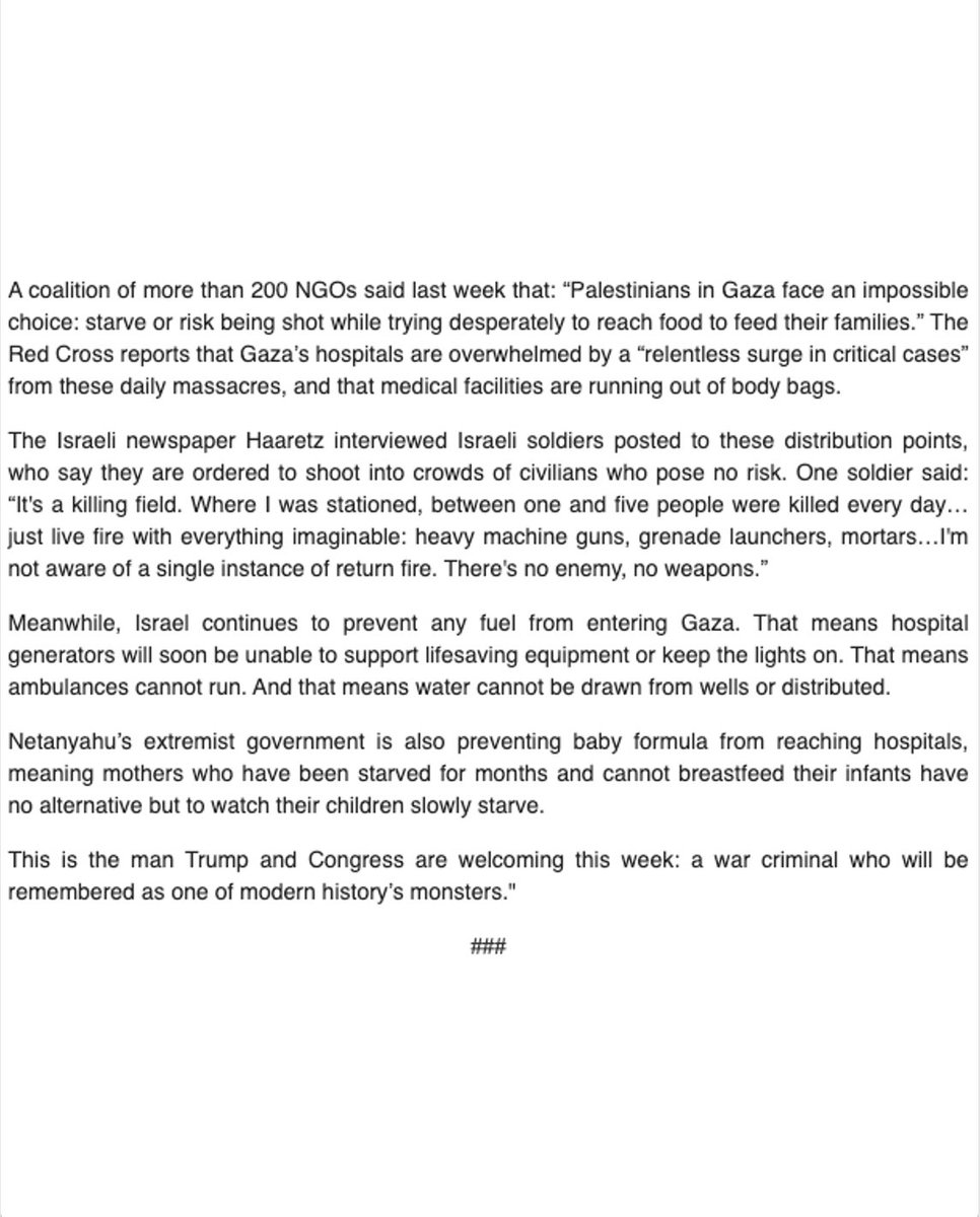 BernieSanders's tweet image. As President Trump & Congress roll out the red carpet for Israeli Prime Minister Benjamin Netanyahu, let’s remember that Netanyahu has been indicted as a war criminal by the International Criminal Court for overseeing the systematic killing and starvation of civilians in Gaza.
