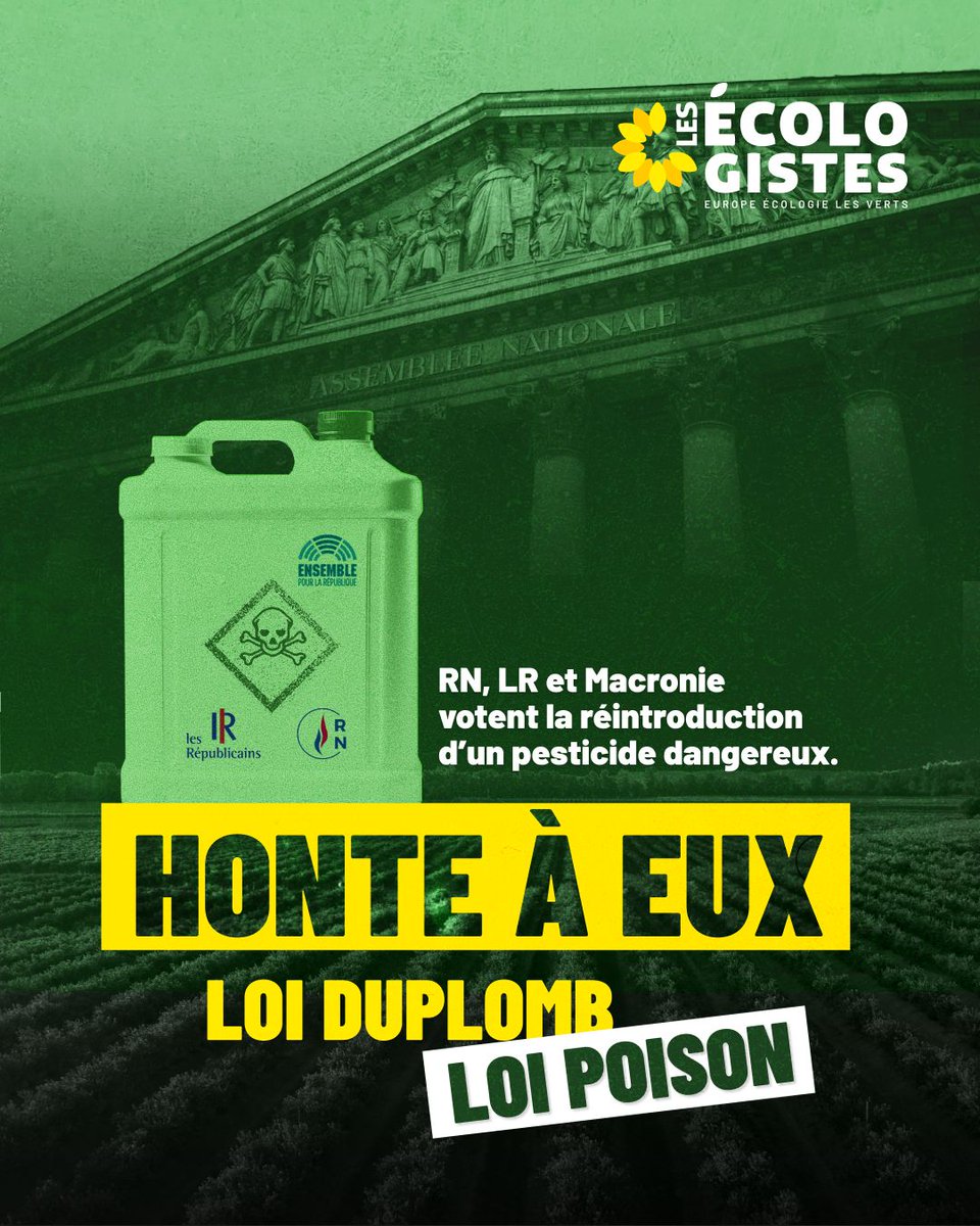 🚨 L'Assemblée nationale vient d’approuver la réintroduction d’un pesticide hautement dangereux.

En votant la loi Duplomb, les député·es de la macronie jusqu’à l’extrême droite jouent avec la santé des Français·es et mettent en péril notre souveraineté alimentaire.

Honte à eux.