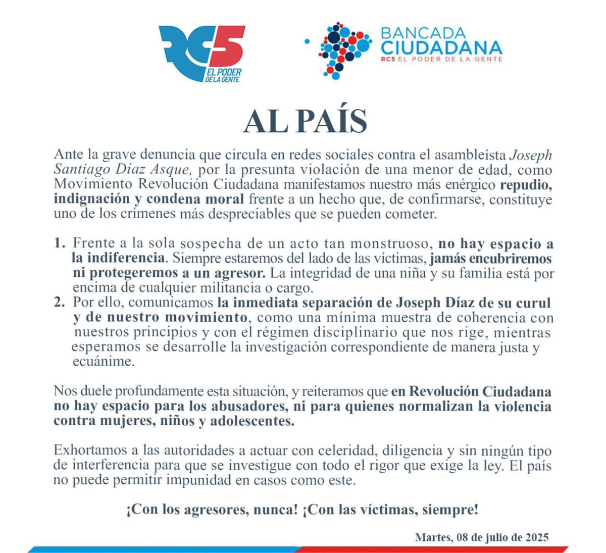Luisa González (@luisagonzalezec) on Twitter photo Al país,
La postura clara y firme como Presidenta de la Revolución Ciudadana que ante un hecho como el denunciado, jamás habrá espacio para la indiferencia y mientras se investiga la denuncia, el Asambleísta Díaz debe dar un paso al costado.
<a href="/RC5Oficial/">Revolución Ciudadana</a> <a href="/BancadaRC5/">Bancada Ciudadana</a> Al país,
La postura clara y firme como Presidenta de la Revolución Ciudadana que ante un hecho como el denunciado, jamás habrá espacio para la indiferencia y mientras se investiga la denuncia, el Asambleísta Díaz debe dar un paso al costado.
<a href="/RC5Oficial/">Revolución Ciudadana</a> <a href="/BancadaRC5/">Bancada Ciudadana</a>