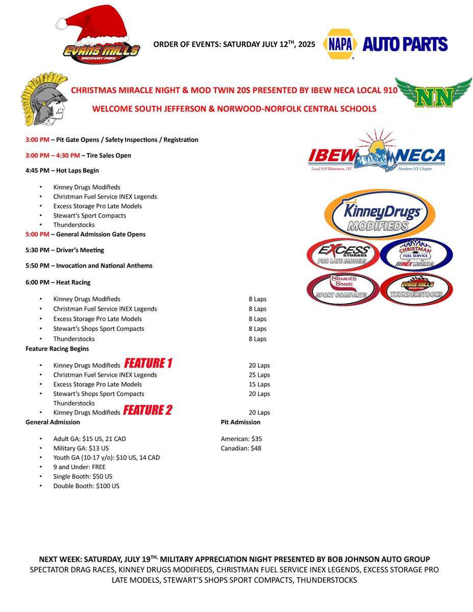 IT'S CHRISTMAS TIME IN THE NORTH COUNTRY! Electricians Local 910 is bringing the spirit in July with Christmas Miracle Night featuring TWO 20-Lap features for the Kinney Drugs Modifieds, and more action all our divisions
