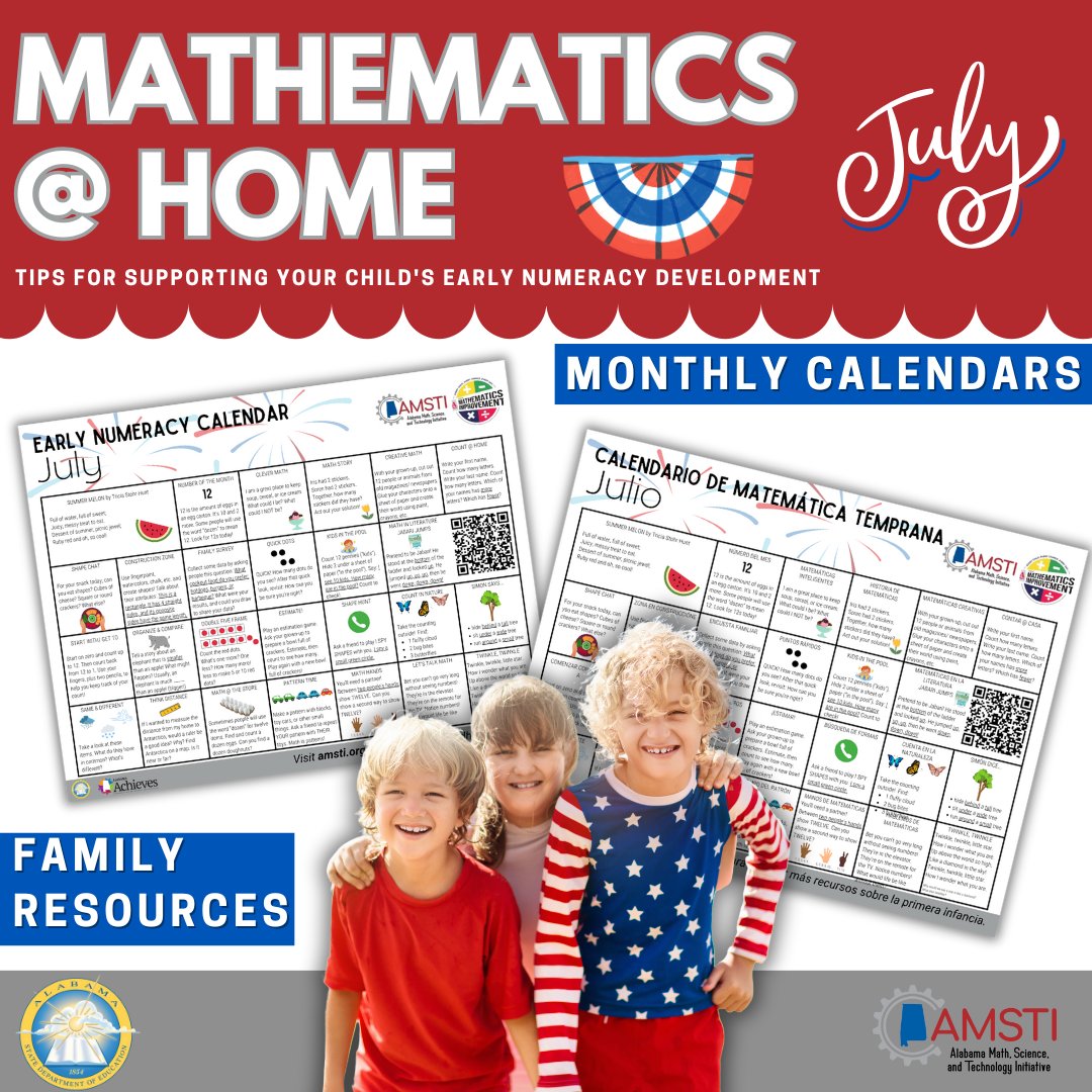 Avoid the "summer slide" and get a jumpstart on the new year! Here is a calendar full of ideas to jumpstart the math conversations at home. English and Spanish versions are both available at bitly.amsti.org/calendars. #AMSTI4all
