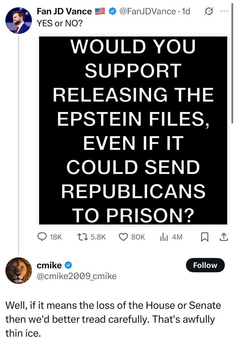 ndelriego's tweet image. You’re openly saying keeping pedophiles safe is worth more than justice, just to protect your party? That’s not thin ice, that’s sewage. If your morals crumble the second it threatens your power, then you’re just as rotten as the monsters you’re defending.
MAGA in a nutshell.