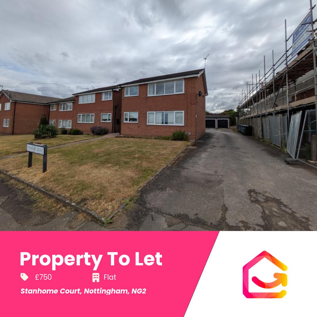 To Let Stanhome Court, Nottingham, NG2

🏢 First floor two-bedroom flat  
🛋️ Spacious lounge area  
🍽️ Good-sized kitchen  
🚿 Three-piece bathroom with electric shower  
📦 Hallway cupboard for storage  
🪵 Hard flooring in lounge

£750...