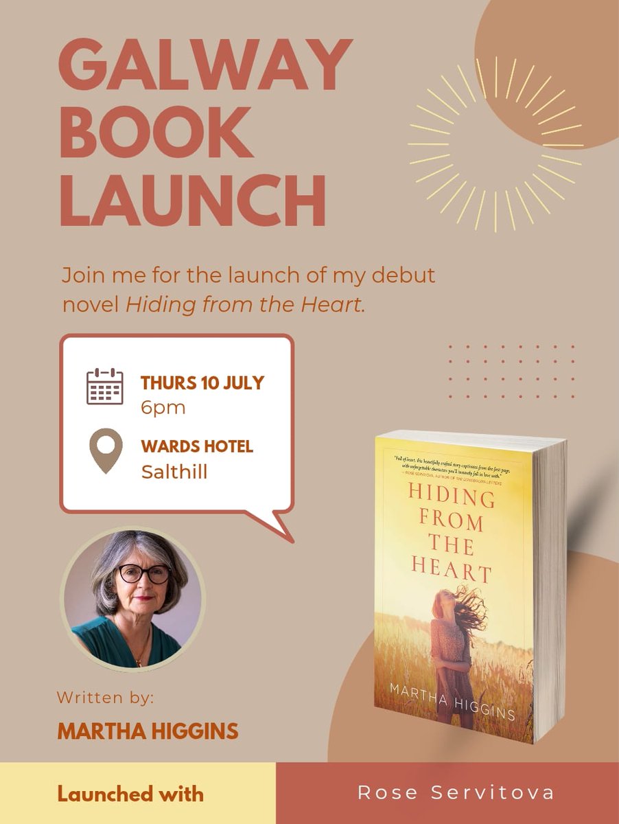 roseservitova's tweet image. I'm honoured to help launch Martha Higgins' debut novel, 'Hiding from the Heart' - Irish historical fiction at it's absolute best. Please come and join us this Thursday 10th July at Wards Hotel, Salthill #Galway 6pm 
#Irishwriting #booklaunch @maamvalley