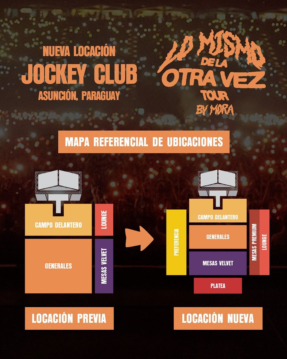 TicketeaPy's tweet image. 👀 ¡Atención! 👉🏼 El concierto de MORA se traslada al Jockey Club 🔥 Leíste bien, su producción y escenografía es una LOCURA 🙌 Se viene la mejor noche‼️
🗓️14/Agosto
💯Mesas al wa 595981 642000
🎟️Entradas en @ticketeapy y vía web en ticketea.com.py