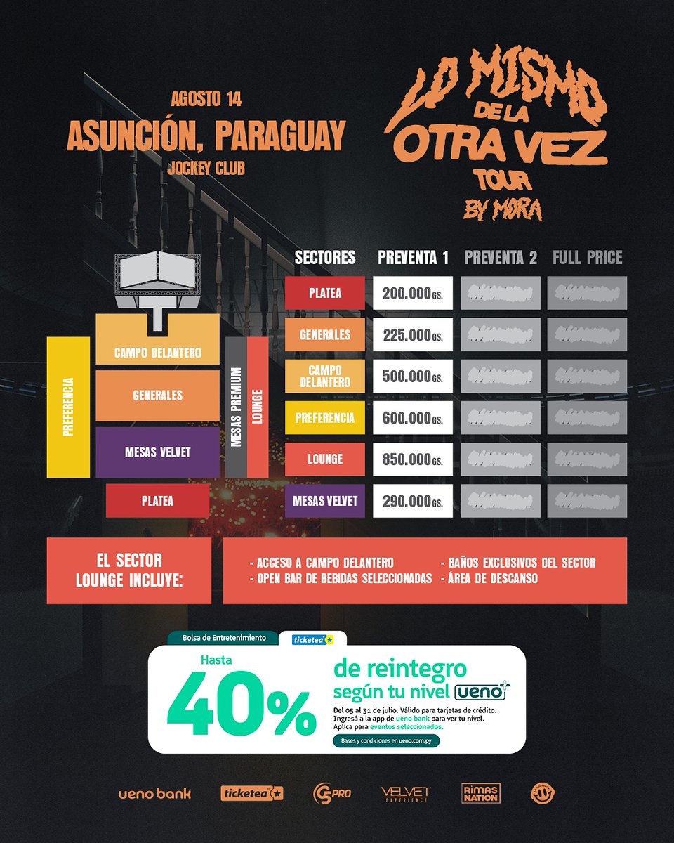 TicketeaPy's tweet image. 👀 ¡Atención! 👉🏼 El concierto de MORA se traslada al Jockey Club 🔥 Leíste bien, su producción y escenografía es una LOCURA 🙌 Se viene la mejor noche‼️
🗓️14/Agosto
💯Mesas al wa 595981 642000
🎟️Entradas en @ticketeapy y vía web en ticketea.com.py