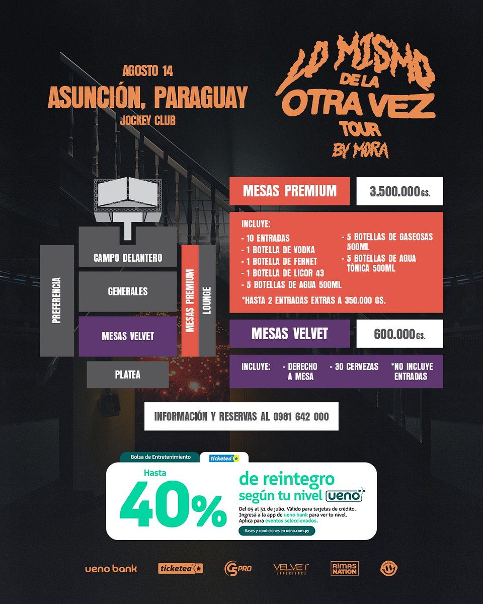 👀 ¡Atención! 👉🏼 El concierto de MORA se traslada al Jockey Club 🔥 Leíste bien, su producción y escenografía es una LOCURA 🙌 Se viene la mejor noche‼️
🗓️14/Agosto
💯Mesas al wa 595981 642000
🎟️Entradas en @ticketeapy y vía web en ticketea.com.py