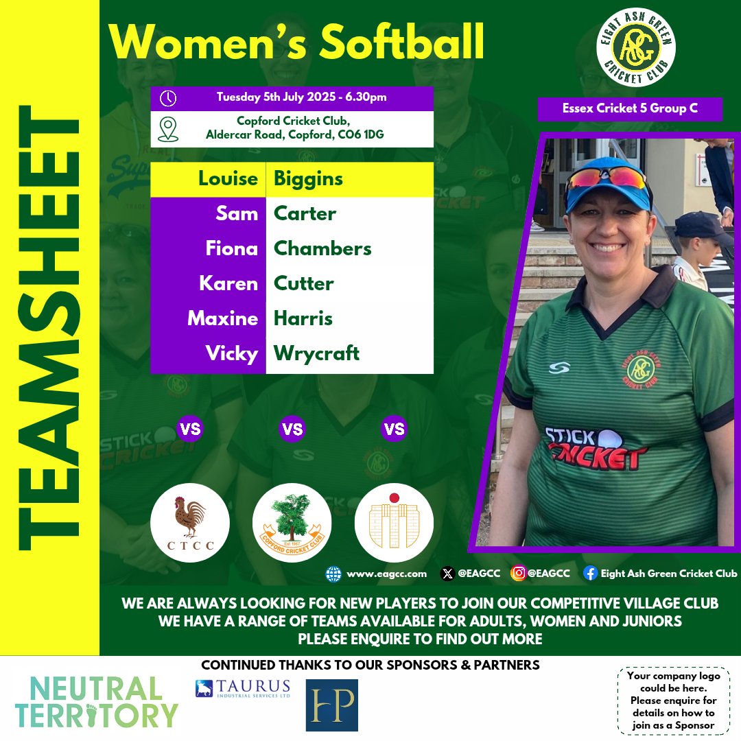 The Women's Softball team travel to Copford to play against <a href="/WeAreCWCCC/">Chappel & Wakes Colne Cricket Club</a> <a href="/CopfordCC/">Copford Cricket Club</a> and <a href="/CoggyTownCC/">Coggeshall Town CC</a> 🏏
.
Here's our lineup, good luck to the team! 💪
.
#EAGCC #EightAshGreenCricketClub #EightAshGreen #ComeOnTheGreen