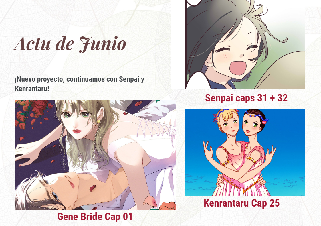 ¡ACTUALIZACIÓN DE JUNIO!
(Un poco tarde, lo sé)

¡Estrenamos Gene Bride, la nueva obra de la autora de Watashi no Shounen! ¡Dos nuevos caps de Senpai y un nuevo cap de Kenrantaru! Con coloreado de #Yaone.

 Ya disponible: amefansub.tumblr.com
 TMO: zonatmo.com/groups/34/ame-…
