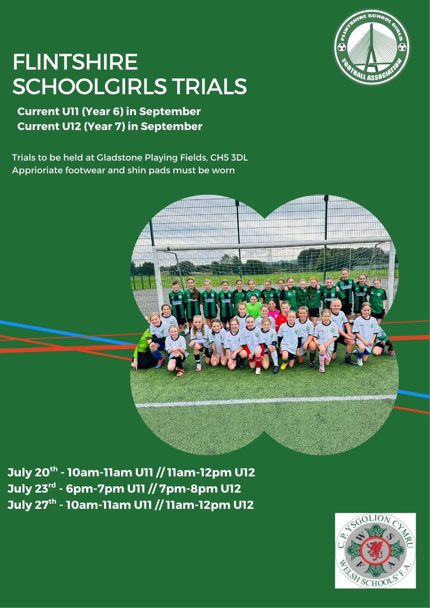 FlintGirlsFA's tweet image. 🎉 Flintshire Girls Football Trials! ⚽
Are YOU ready to rep your county? 🌟
Show your skills, meet new mates & take your shot! 💪
📅 Trial dates below – don’t miss out!
👉 Register now: forms.gle/Q9uVVJJG44RFVa…
#GirlsFootball #Flintshire #FootballTrials #YouthSport
