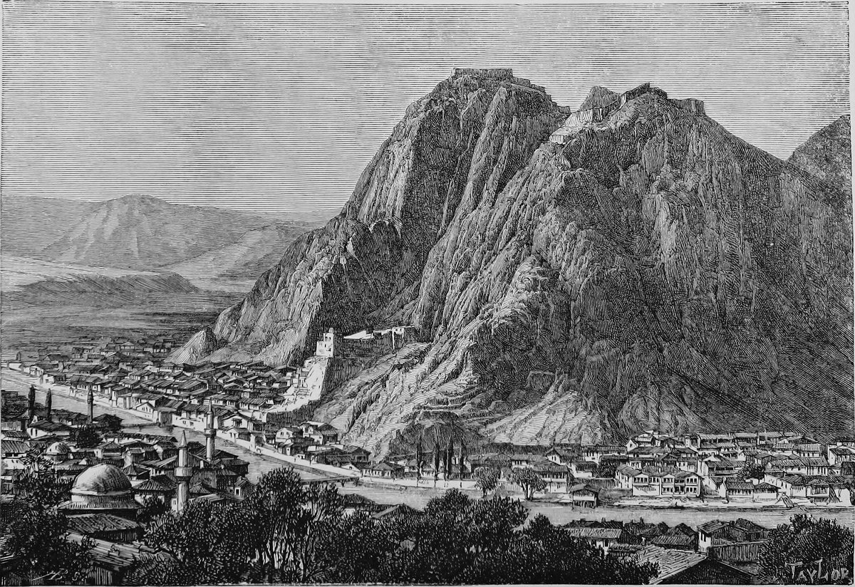 Strabo's home town of Amasya, former capital of Pontus. Ruins of the Mithradic fortress stand on the hill top - Taylor, 1884