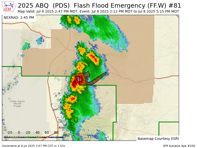Iembot_emerg's tweet image. ABQ continues Flash Flood Emergency [flash flood: radar indicated, flash flood damage threat: catastrophic] for Lincoln [NM] till Jul 8, 5:15 PM MDT mesonet.agron.iastate.edu/vtec/f/2025-O-…