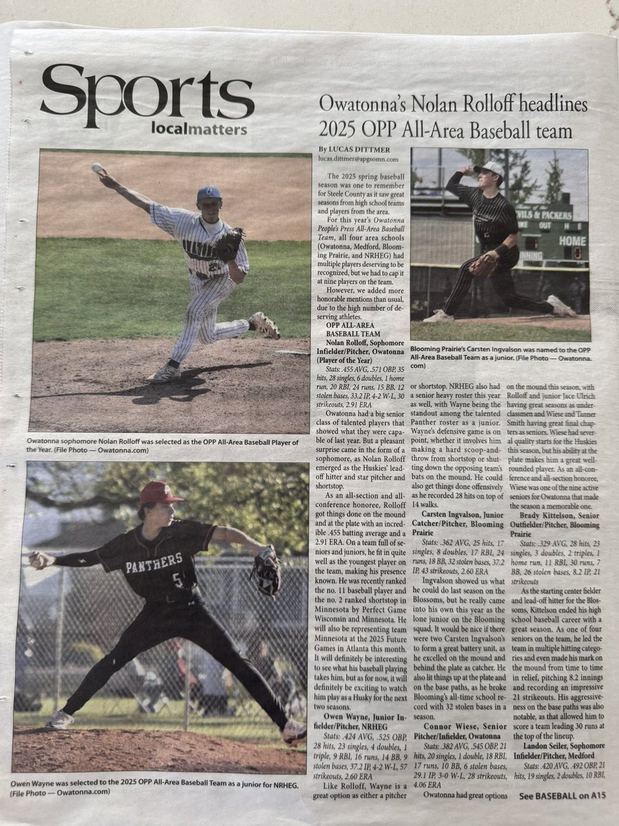 Owen Wayne 2026 (@owenwayne_9462) on Twitter photo Thank you Owatonna Peoples Press for the All-Area recognition!
<a href="/NrhegBaseball1/">NRHEG Baseball</a> <a href="/507_baseball/">507 Baseball Academy</a> <a href="/vhawk88/">Bₑₙ ₘₒₒᵣₑ</a> <a href="/a_woitas/">Andrew Woitas</a> Thank you Owatonna Peoples Press for the All-Area recognition!
<a href="/NrhegBaseball1/">NRHEG Baseball</a> <a href="/507_baseball/">507 Baseball Academy</a> <a href="/vhawk88/">Bₑₙ ₘₒₒᵣₑ</a> <a href="/a_woitas/">Andrew Woitas</a>