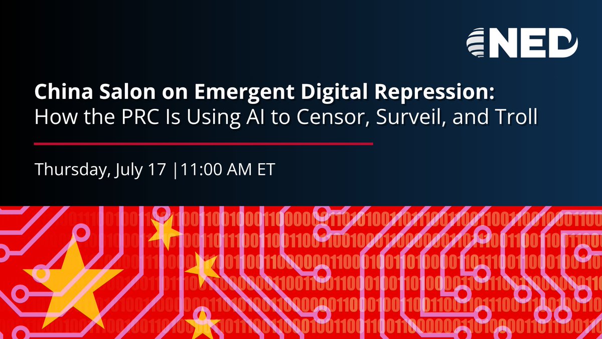 NEDemocracy's tweet image. Explore how the PRC is weaponizing AI to censor, surveil, and troll in our upcoming China Salon event on emergent digital repression.
This event will examine how the PRC is using AI to tighten control—and what can be done to protect digital freedom.🔗ned.org/events/emergen…