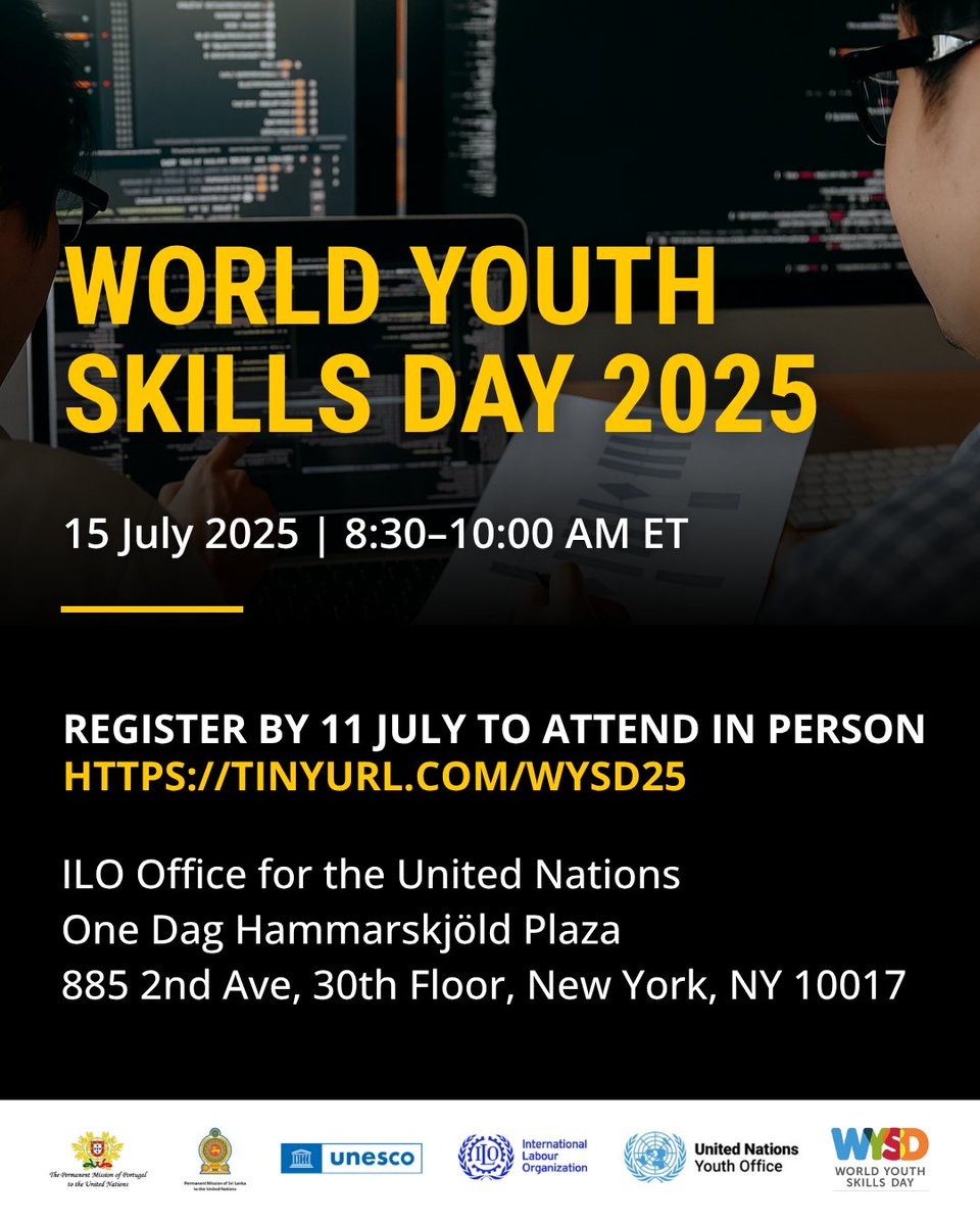 UNYouthAffairs's tweet photo. 📢 On #WorldYouthSkillsDay, join us for “Empowering Youth to be Agents of Change through Digital and AI Skills” — exploring how to equip young people for the digital age.

🗓️ 15 July | 8:30–10:00 AM ET
📍 ILO Office, NYC
🔗 Register by 11 July: https://t.co/SuCYmhmt7F

#WYSD2025 https://t.co/GwjaPm5CbA