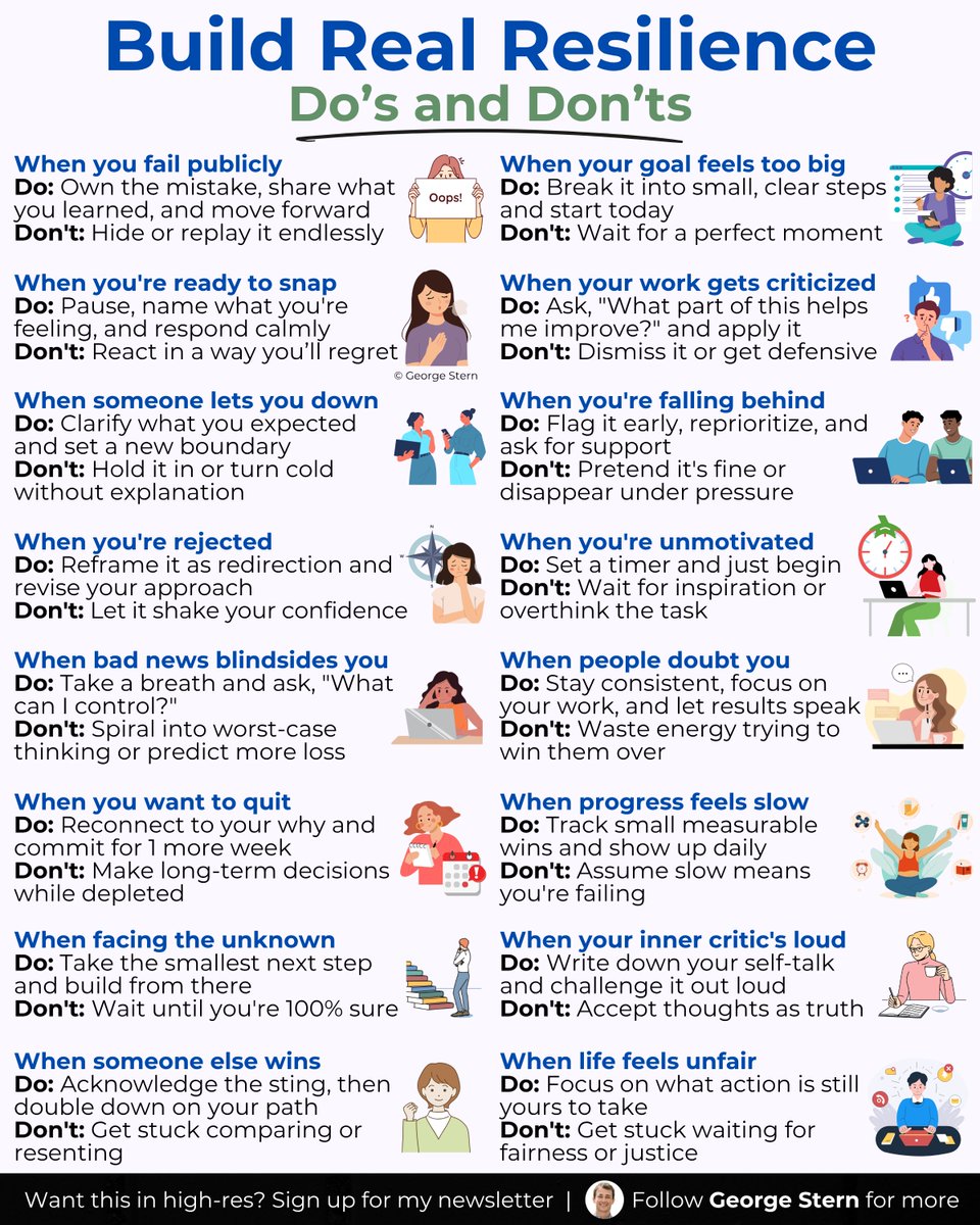 georgestern's tweet image. You can't avoid getting knocked down,
But you can learn to bounce back fast.
Resilience is a trainable skill.
Use these 16 do's and don'ts to build yours: