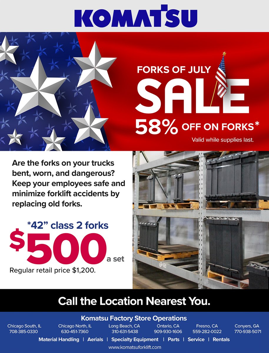 *** Forks of July Sale *** 58% OFF - While Supplies Last 

Are the forks on your trucks bent, worn, and dangerous? Keep your employees safe and minimize forklift accidents by replacing old forks.  42" class 2 forks only $500 a set. Regular retail price $1,200.

#Komatsu #Georgia