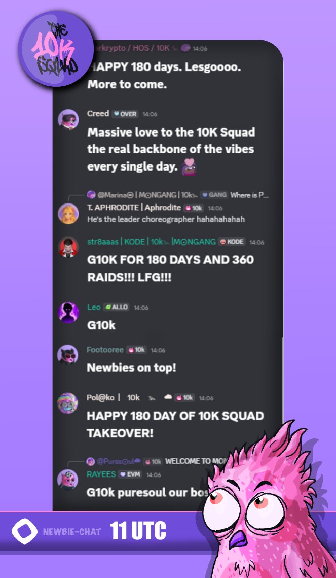 Day 180 of The 10k Squad taking over Monad's newbie chat. Special shout-out to: ALL OF YOU!

The half-year celebration was wild and twice as long as usual! The vibe and energy were off the charts! We've never had so much fun!

Thanks to <a href="/Itskelam/">Kelam🎩</a> and <a href="/afonso_abreu__/">Afonso003</a>  for hosting