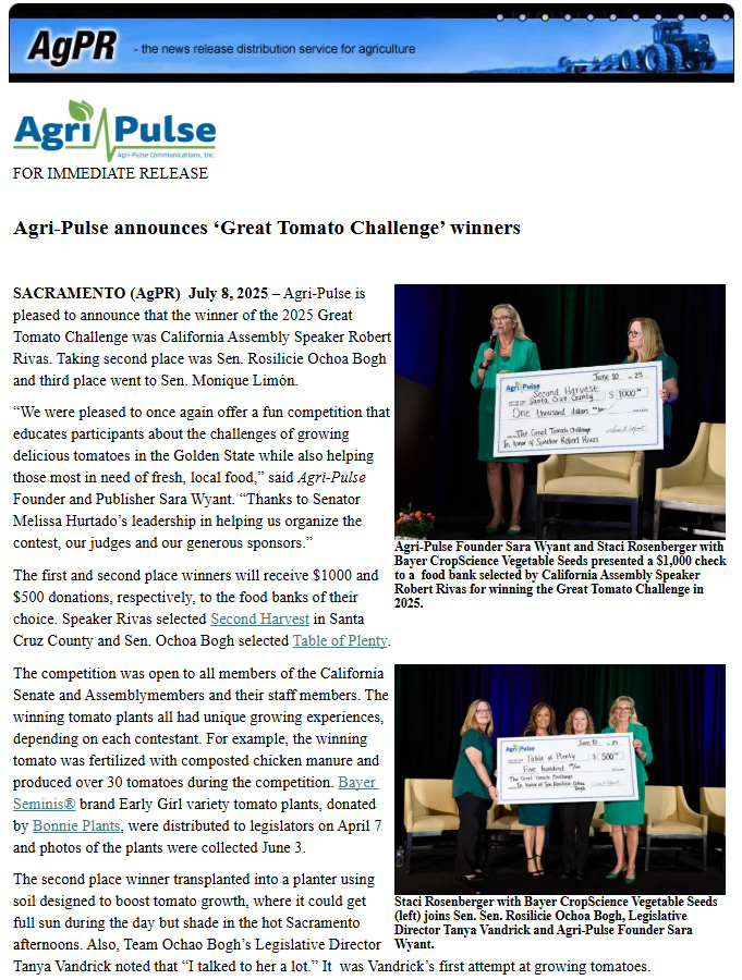 agnewscenter's tweet photo. Agri-Pulse announces ‘Great Tomato Challenge’ winners. https://t.co/YXvPFjCt0k #agpolicy @agripulse @agripulsewest @StateCWA @BayerAgro @CASpeakerRivas @CAgovernor #GreatTomatoChallenge #AgriPulse #CaliforniaAgriculture #TomatoGrowing #FoodBankDonation #CAlegislature #SustainableFarming #BayerCropScience #BonniePlants #FreshProduce