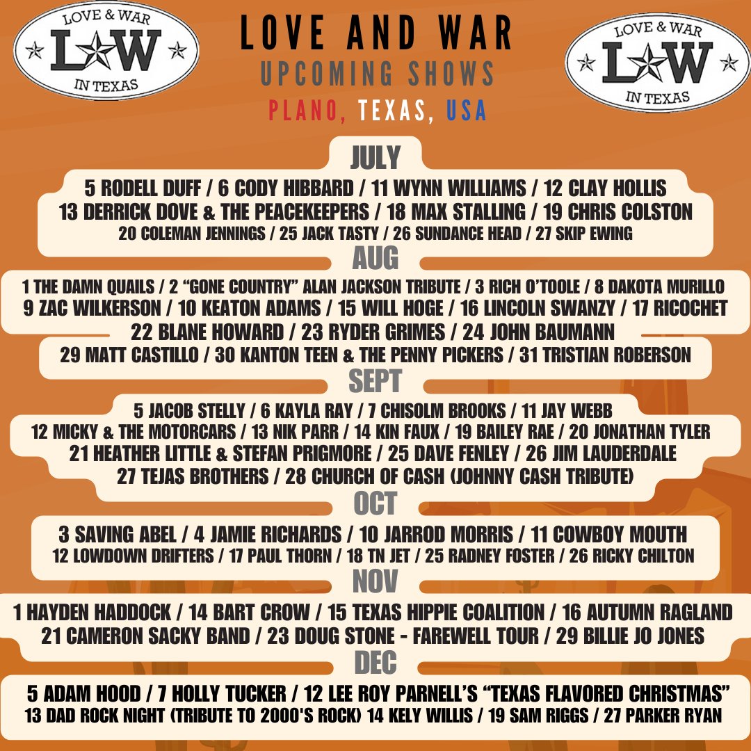 LoveAndWarInPlanoTexas (@loveandwarplano) on Twitter photo Plano, TX! Get tix & info at the link in our bio!
<a href="/BartCrow/">Bart Crow</a> <a href="/lowdowndrifters/">The Lowdown Drifters</a> <a href="/RichOToole/">Rich O'Toole</a> <a href="/adamhoodmusic/">Adam Hood</a> <a href="/SamRiggsMusic/">SAM RIGGS</a> <a href="/autumnraglandd/">Autumn Ragland</a> <a href="/billiejomusic/">Billie Jo Music</a> <a href="/maxstalling/">Max Stalling</a> <a href="/WillHoge/">Will Hoge</a> <a href="/Jacob_Stelly_/">Jacob Stelly</a> <a href="/thedamnquails/">The Damn Quails</a> <a href="/SundanceHead/">Sundance Head</a> <a href="/KinFaux/">Kin Faux Music</a> <a href="/CowboyMouth/">Cowboy Mouth</a> <a href="/JayWebbmusic/">Jay Webb</a> <a href="/themotorcars/">Micky &The Motorcars</a> <a href="/THCOfficial/">Texas Hippie Coalition</a> Plano, TX! Get tix & info at the link in our bio!
<a href="/BartCrow/">Bart Crow</a> <a href="/lowdowndrifters/">The Lowdown Drifters</a> <a href="/RichOToole/">Rich O'Toole</a> <a href="/adamhoodmusic/">Adam Hood</a> <a href="/SamRiggsMusic/">SAM RIGGS</a> <a href="/autumnraglandd/">Autumn Ragland</a> <a href="/billiejomusic/">Billie Jo Music</a> <a href="/maxstalling/">Max Stalling</a> <a href="/WillHoge/">Will Hoge</a> <a href="/Jacob_Stelly_/">Jacob Stelly</a> <a href="/thedamnquails/">The Damn Quails</a> <a href="/SundanceHead/">Sundance Head</a> <a href="/KinFaux/">Kin Faux Music</a> <a href="/CowboyMouth/">Cowboy Mouth</a> <a href="/JayWebbmusic/">Jay Webb</a> <a href="/themotorcars/">Micky &The Motorcars</a> <a href="/THCOfficial/">Texas Hippie Coalition</a>
