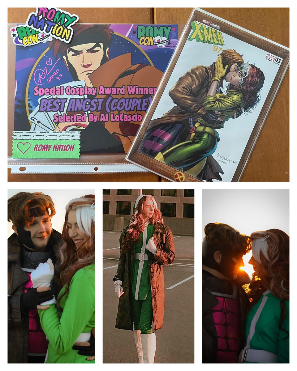 Snows_Cosplay's tweet photo. Big thank you to #romycon and @AJLoCascio for the award and the amazing prizes (I love this con ribbon!!) 💚🩷 so glad the angsty #romy photos paid off! #rogue #gambit https://t.co/xbdM4Fw2O5