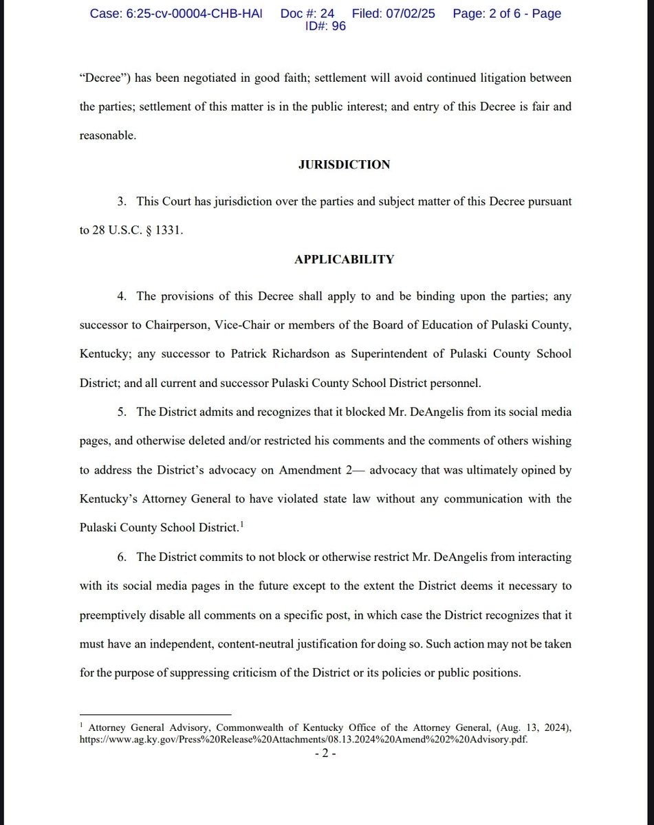 "The District admits and recognizes that it blocked Mr. DeAngelis from its social media pages.. restricted his comments and the comments of others wishing to address the District’s advocacy.. that was ultimately opined by Kentucky’s Attorney General to have violated state law"
